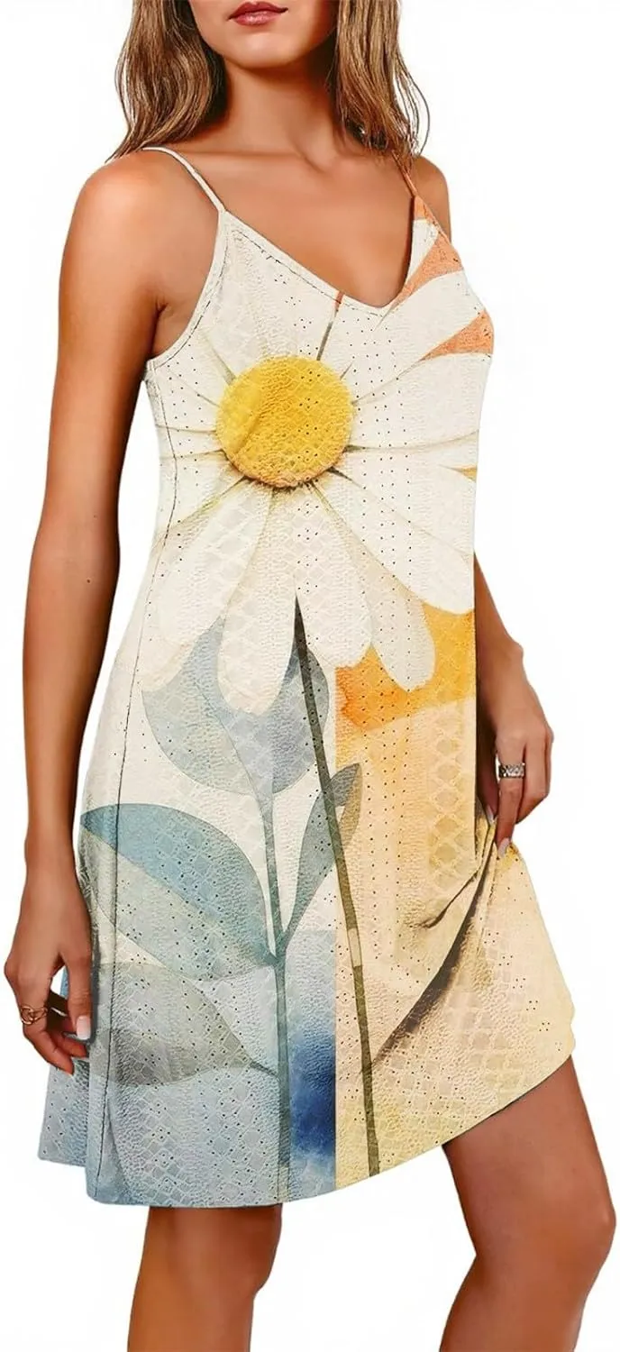 Eyelet Dresses for Women 2025 Beach Cover Up Casual Boho Floral Dress Vacation Sleeveless Cute Midi Tank Top Dress