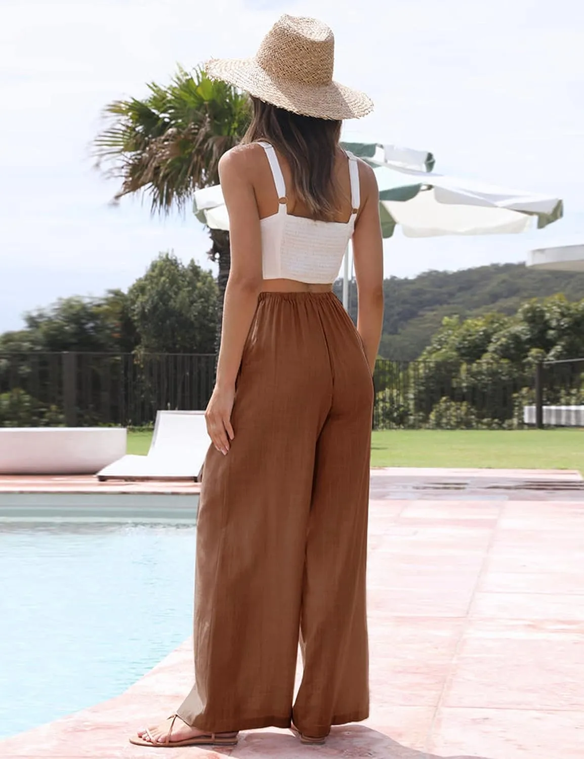 Faleave Women's Cotton Linen Summer Palazzo Pants Flowy Wide Leg Beach Trousers with Pockets