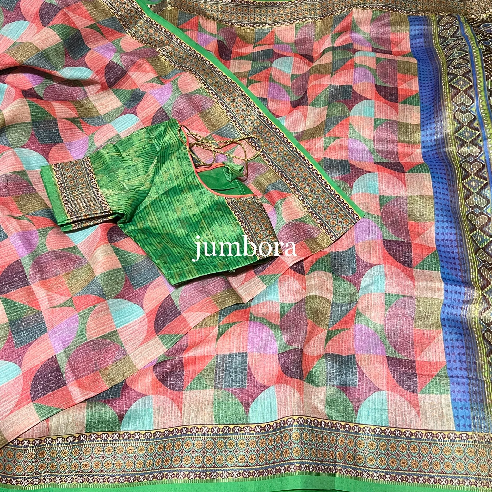 Geometric Pattern Designer Munga Khadi Saree with Stitched Blouse