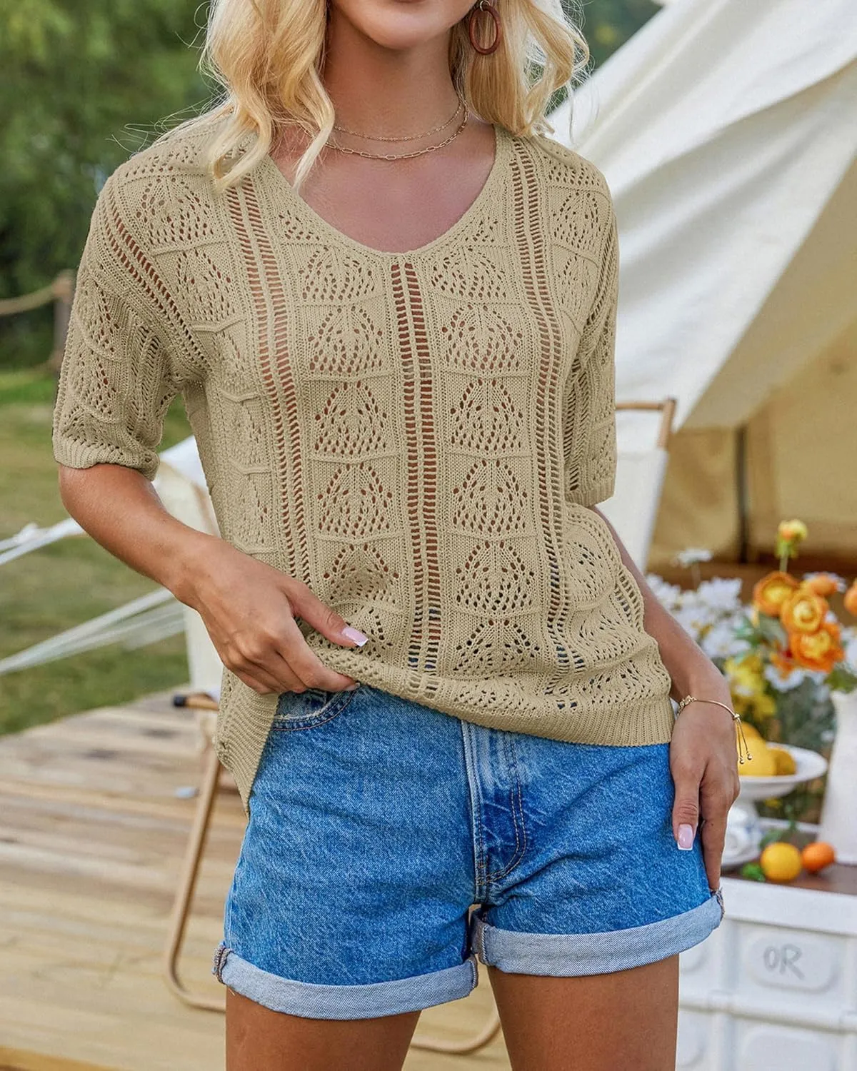 GRACE KARIN Women 2025 Summer Casual Crochet Tops Short Sleeve Sweater V Neck Hollow Out Knit Pullover Beach Coverup