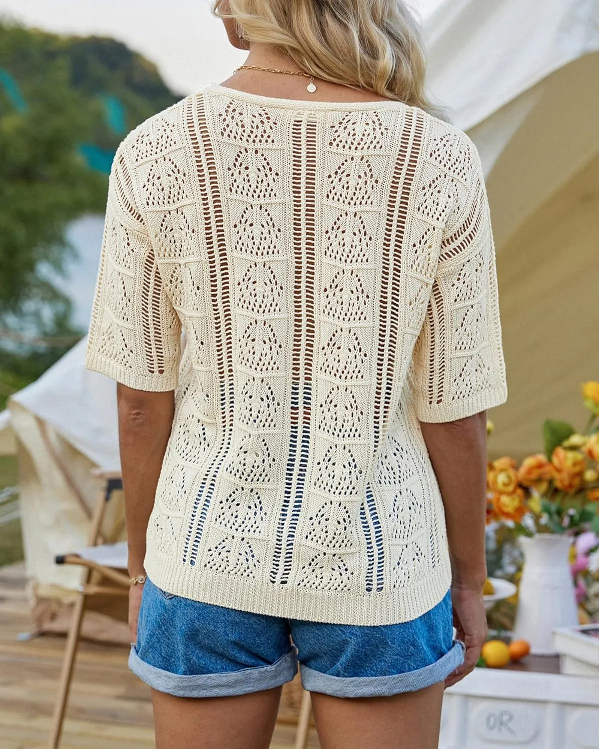 GRACE KARIN Women 2025 Summer Casual Crochet Tops Short Sleeve Sweater V Neck Hollow Out Knit Pullover Beach Coverup