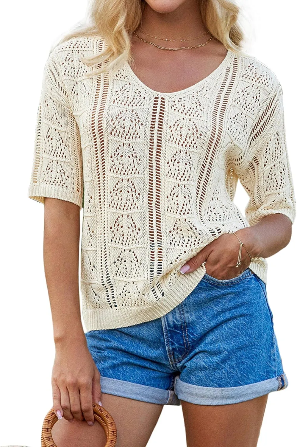 GRACE KARIN Women 2025 Summer Casual Crochet Tops Short Sleeve Sweater V Neck Hollow Out Knit Pullover Beach Coverup