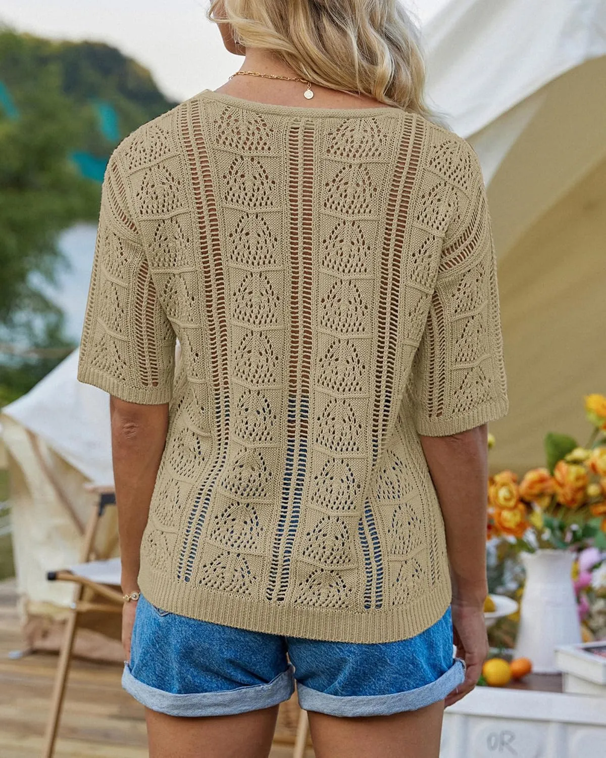 GRACE KARIN Women 2025 Summer Casual Crochet Tops Short Sleeve Sweater V Neck Hollow Out Knit Pullover Beach Coverup