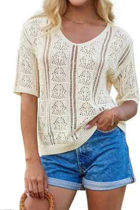 GRACE KARIN Women 2025 Summer Casual Crochet Tops Short Sleeve Sweater V Neck Hollow Out Knit Pullover Beach Coverup