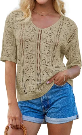 GRACE KARIN Women 2025 Summer Casual Crochet Tops Short Sleeve Sweater V Neck Hollow Out Knit Pullover Beach Coverup