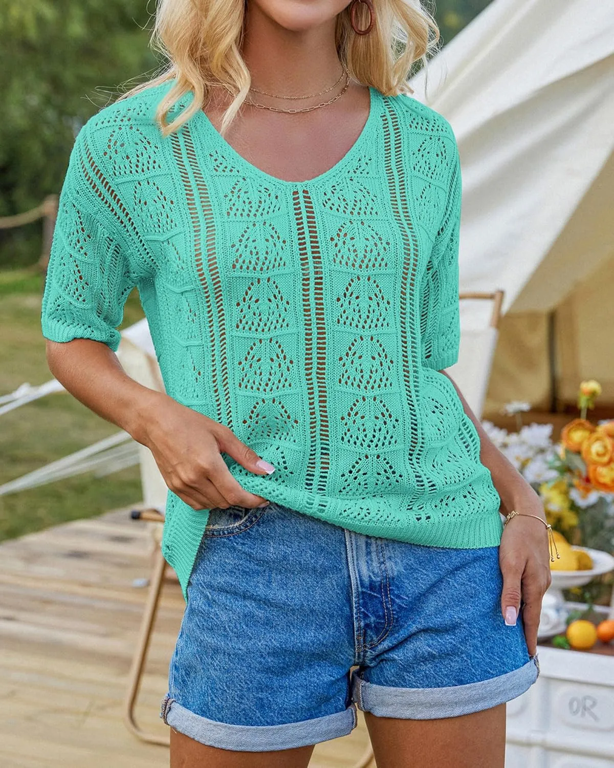 GRACE KARIN Women 2025 Summer Casual Crochet Tops Short Sleeve Sweater V Neck Hollow Out Knit Pullover Beach Coverup