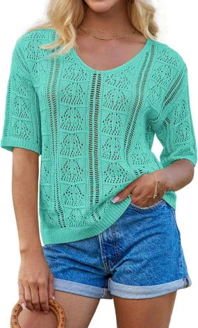 GRACE KARIN Women 2025 Summer Casual Crochet Tops Short Sleeve Sweater V Neck Hollow Out Knit Pullover Beach Coverup