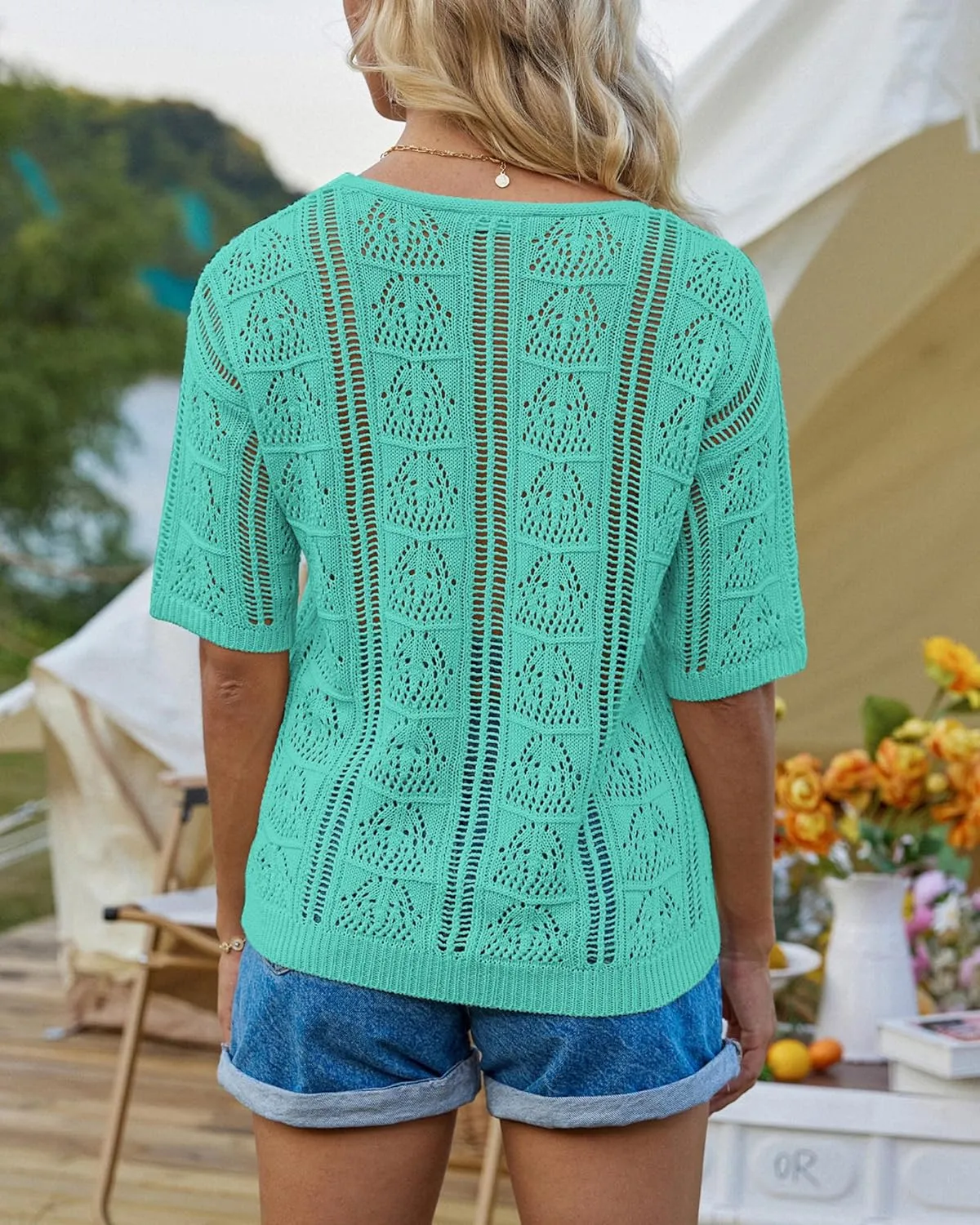 GRACE KARIN Women 2025 Summer Casual Crochet Tops Short Sleeve Sweater V Neck Hollow Out Knit Pullover Beach Coverup