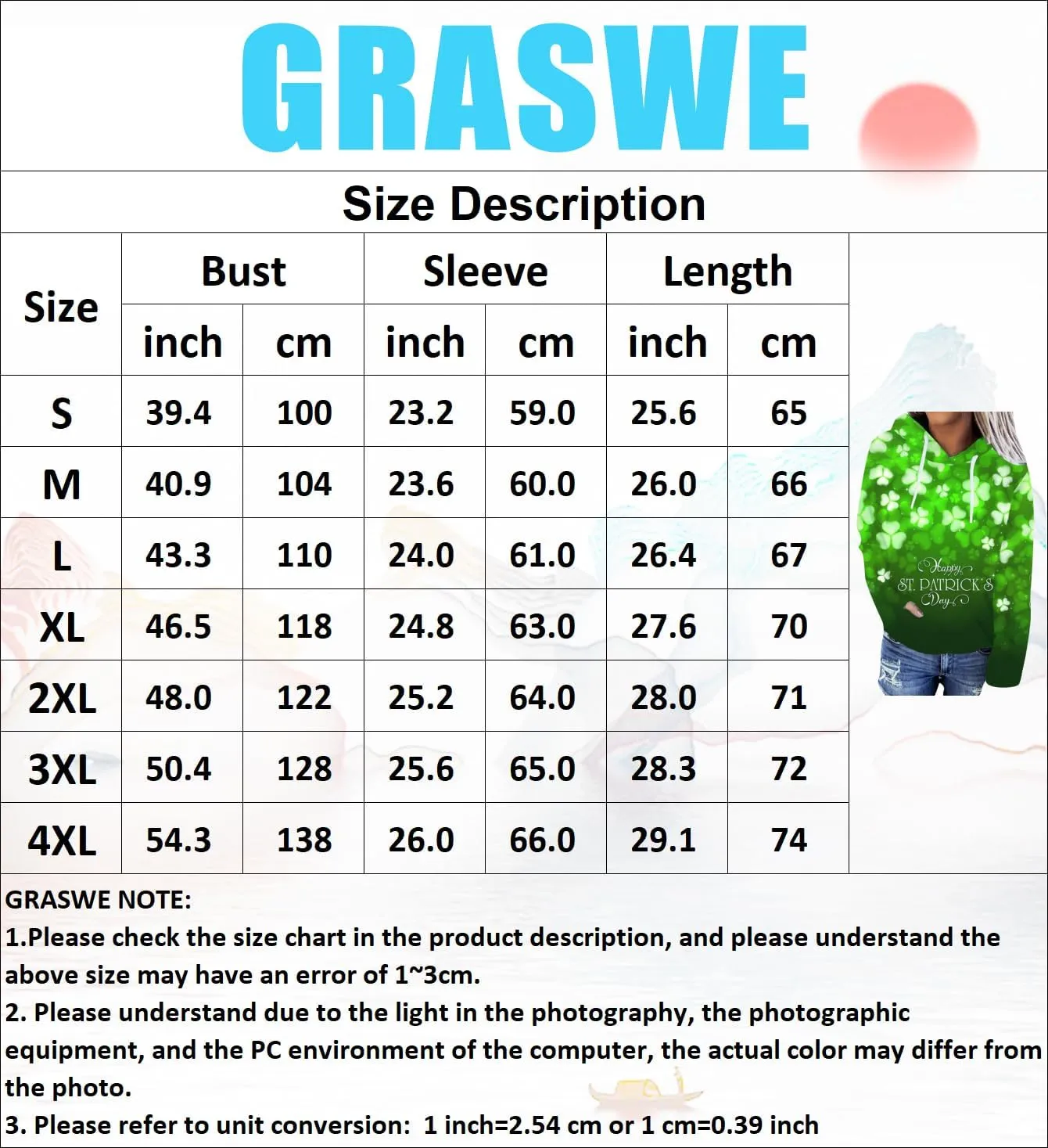 GRASWE Women Holiday Loose Sweatshirt Soft with Kangaroo Pocket Plus Size Top Hooded Shamrock Pullover Blouse
