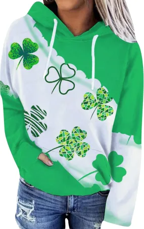 GRASWE Women Holiday Loose Sweatshirt Soft with Kangaroo Pocket Plus Size Top Hooded Shamrock Pullover Blouse