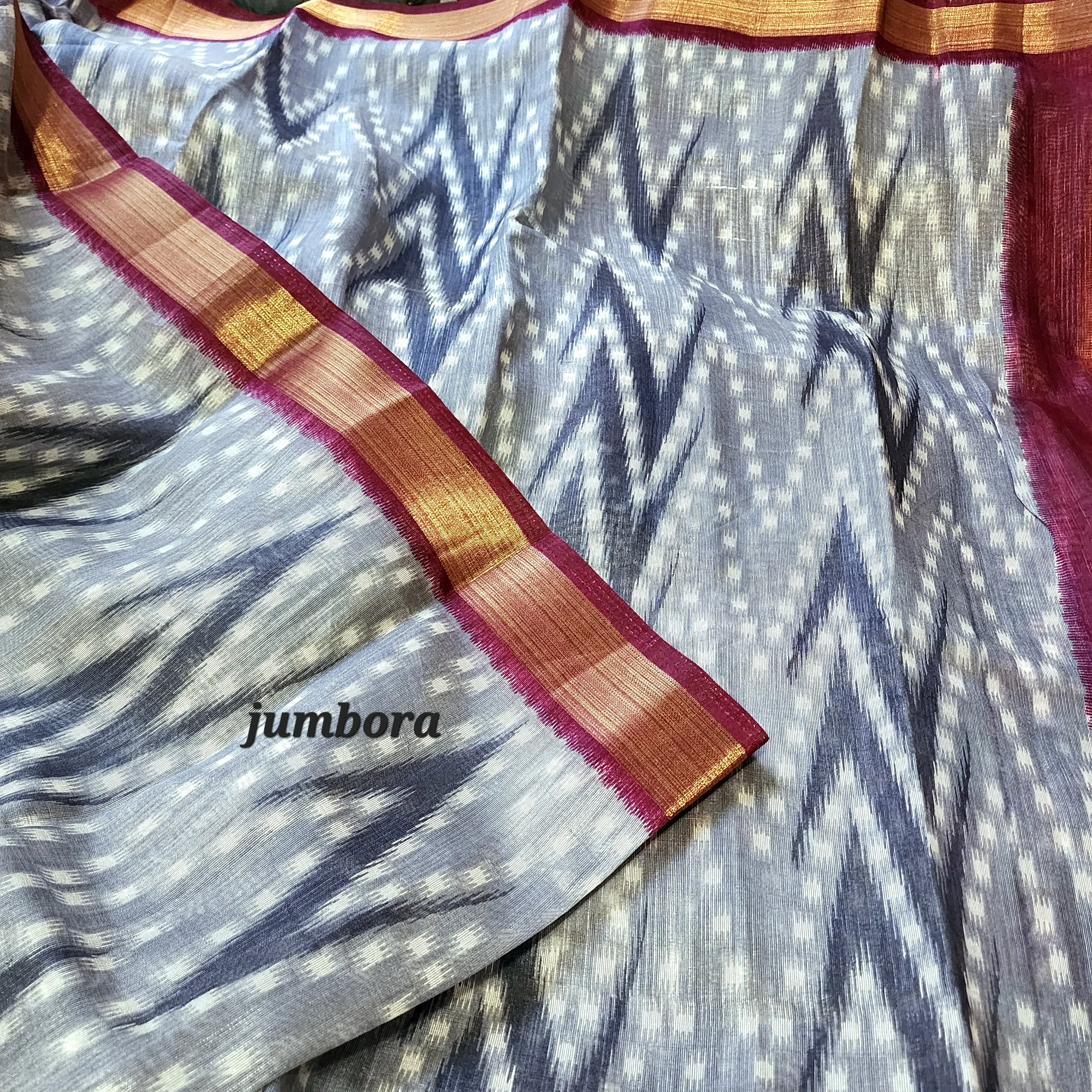 Grey & Burgandy Ikkat Soft Jute Cotton Silk Saree with Stitched Blouse