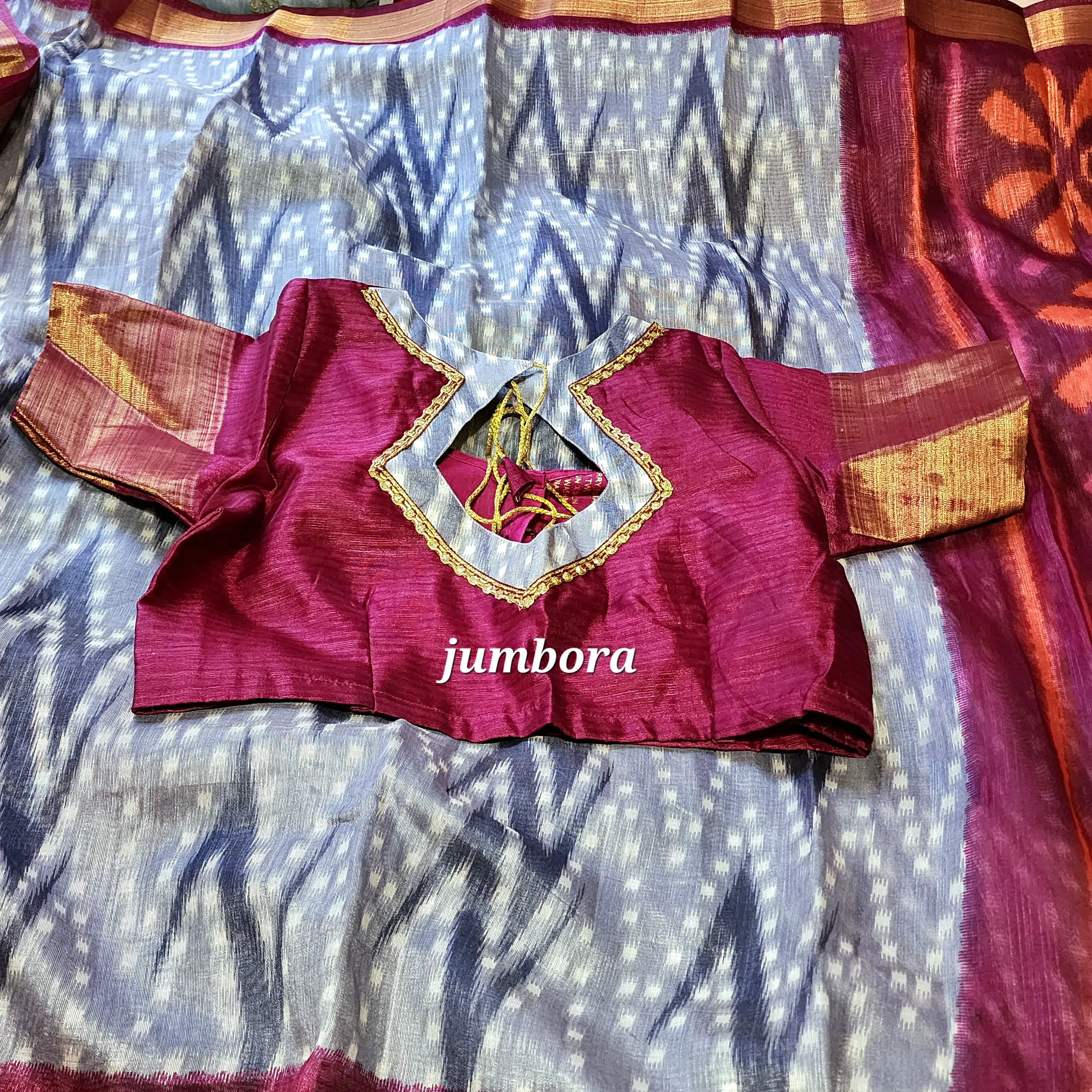 Grey & Burgandy Ikkat Soft Jute Cotton Silk Saree with Stitched Blouse