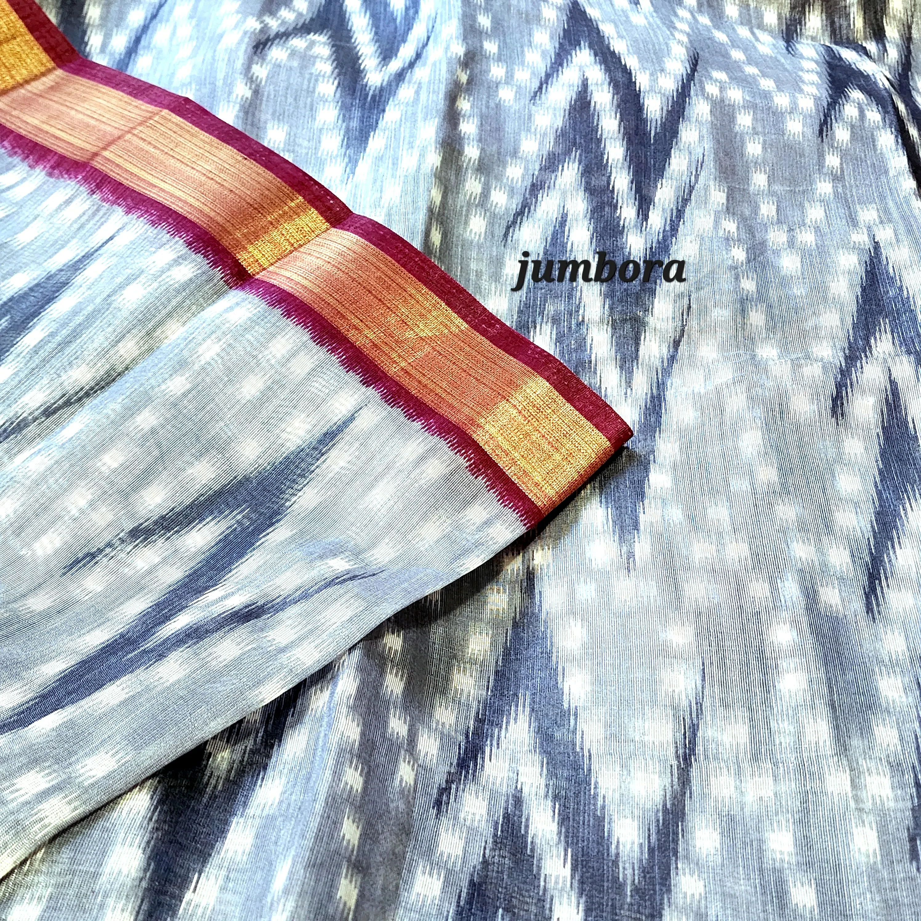 Grey & Burgandy Ikkat Soft Jute Cotton Silk Saree with Stitched Blouse