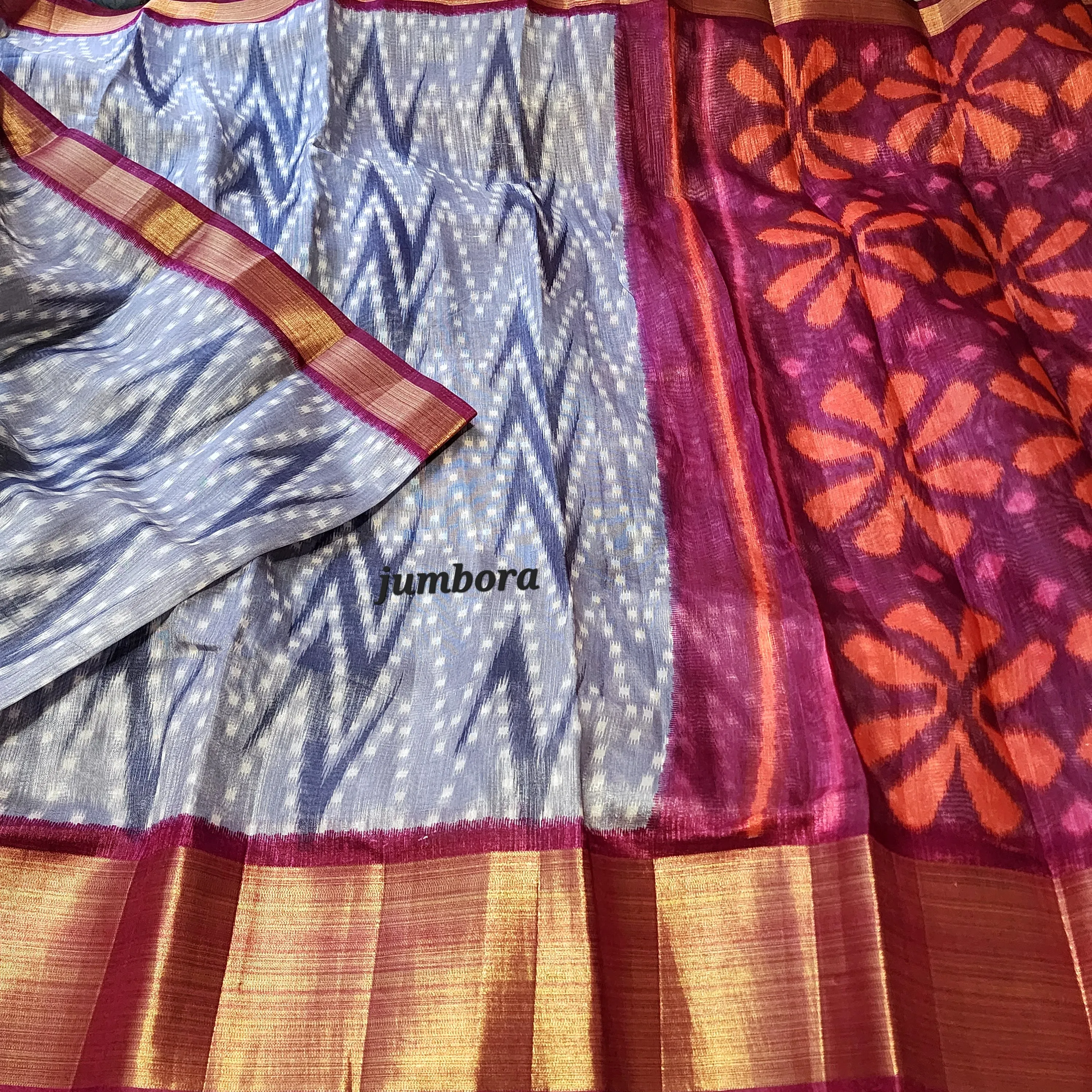 Grey & Burgandy Ikkat Soft Jute Cotton Silk Saree with Stitched Blouse