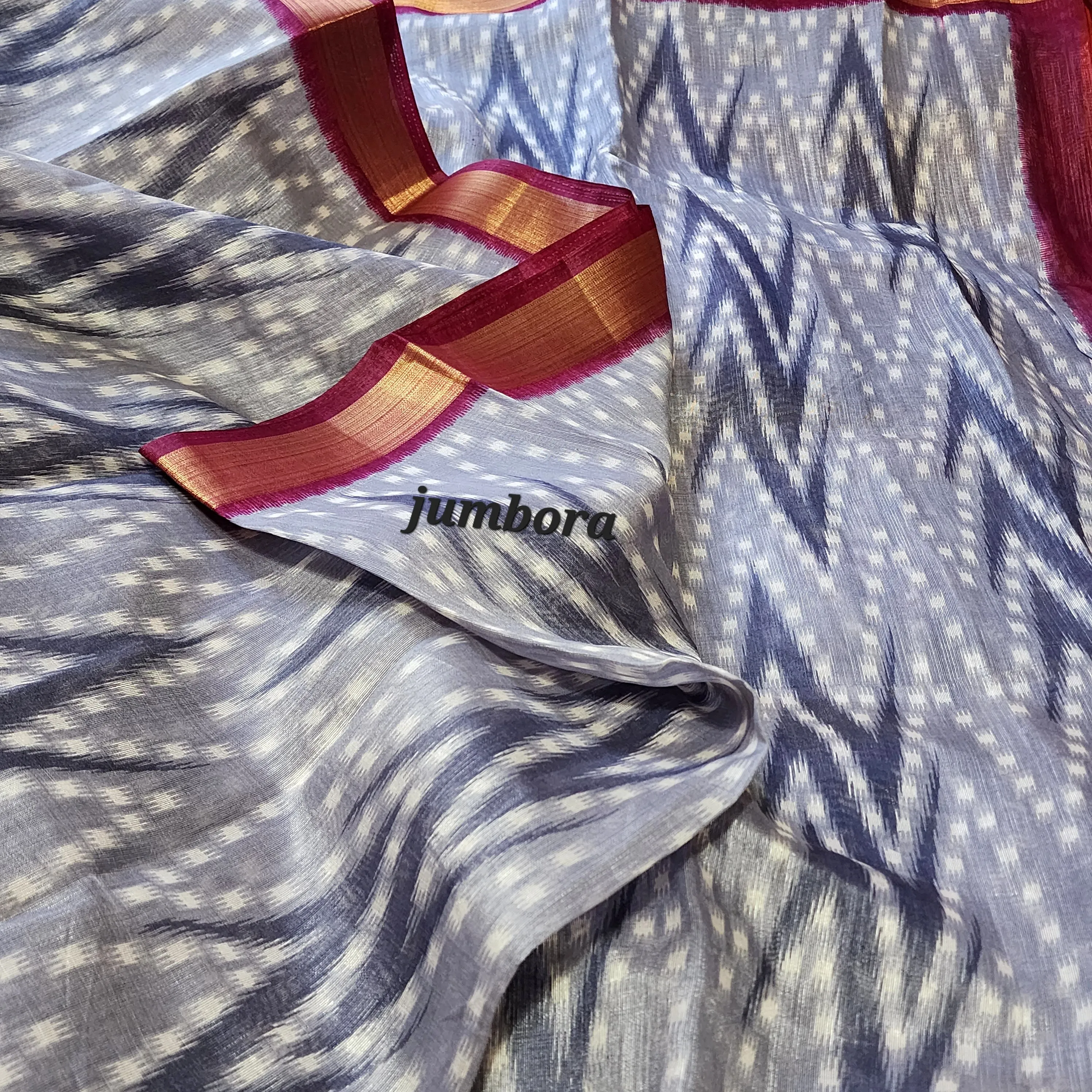 Grey & Burgandy Ikkat Soft Jute Cotton Silk Saree with Stitched Blouse