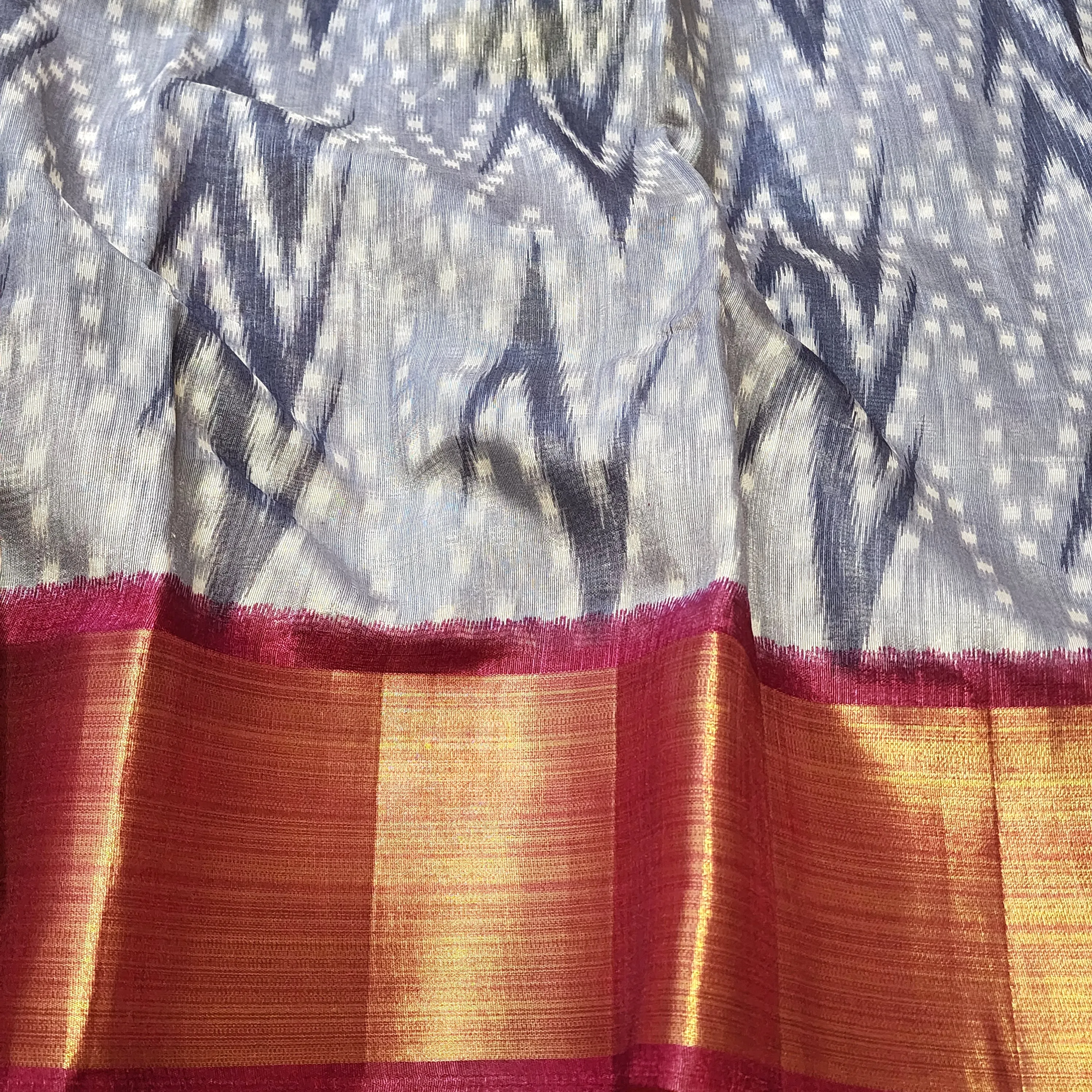 Grey & Burgandy Ikkat Soft Jute Cotton Silk Saree with Stitched Blouse