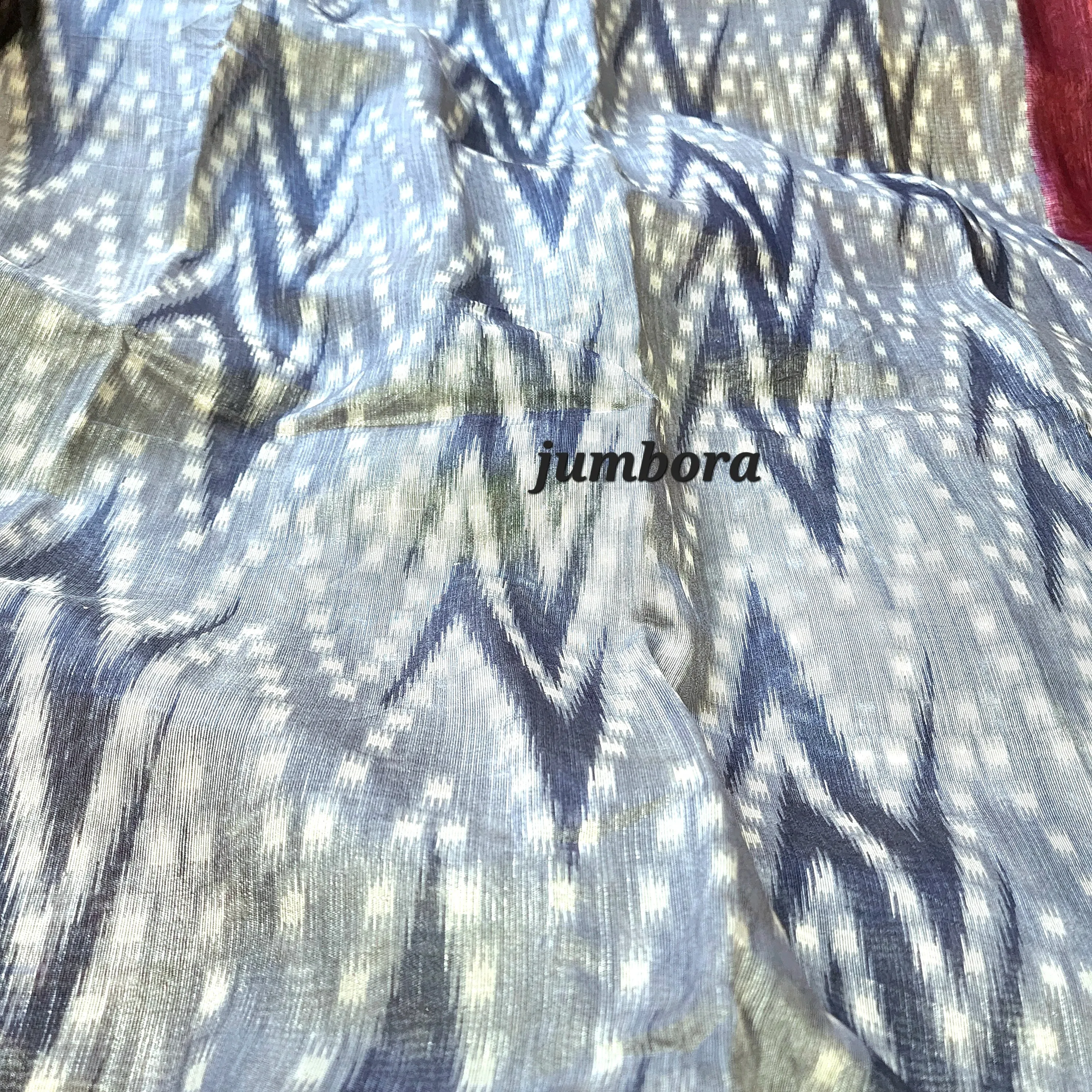 Grey & Burgandy Ikkat Soft Jute Cotton Silk Saree with Stitched Blouse