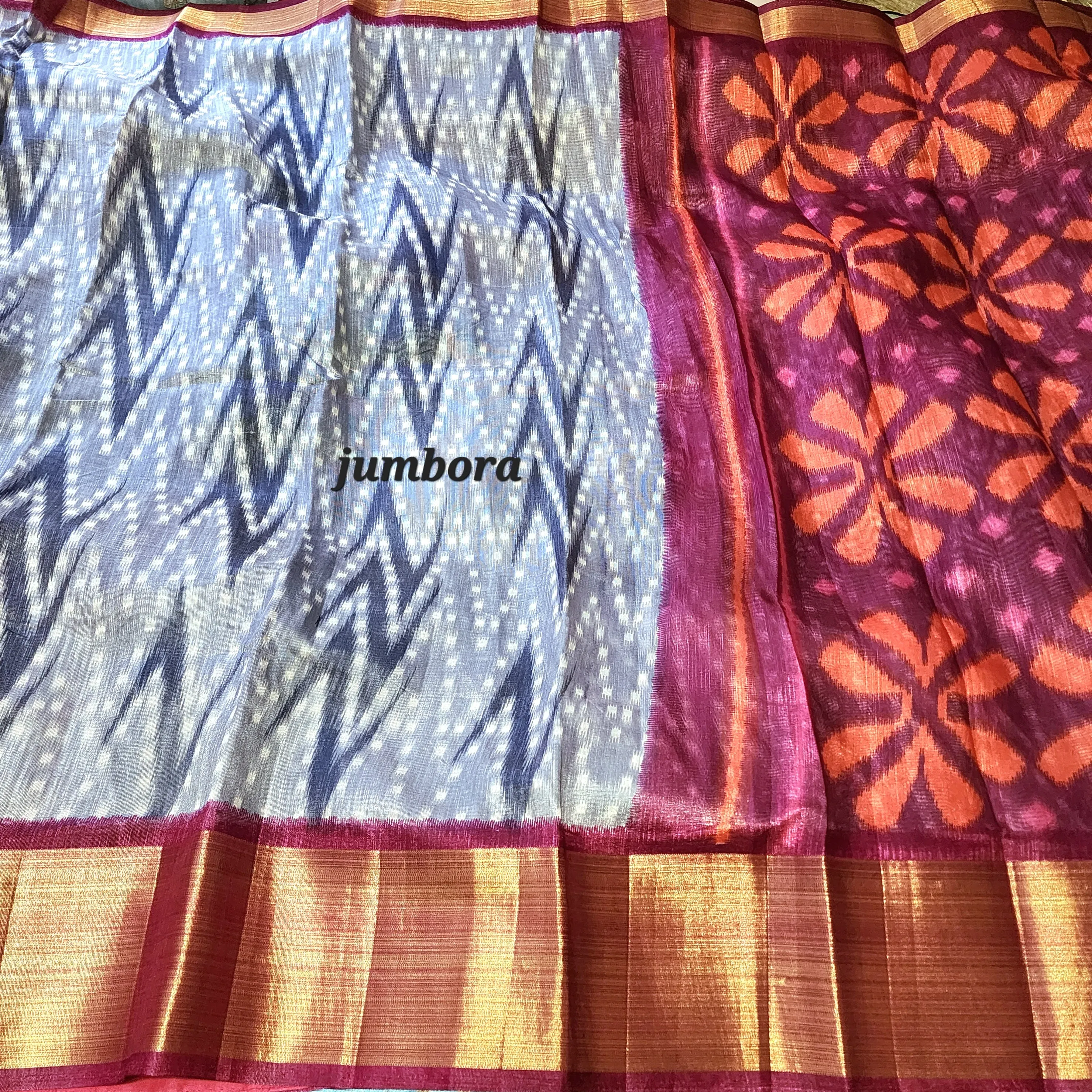Grey & Burgandy Ikkat Soft Jute Cotton Silk Saree with Stitched Blouse