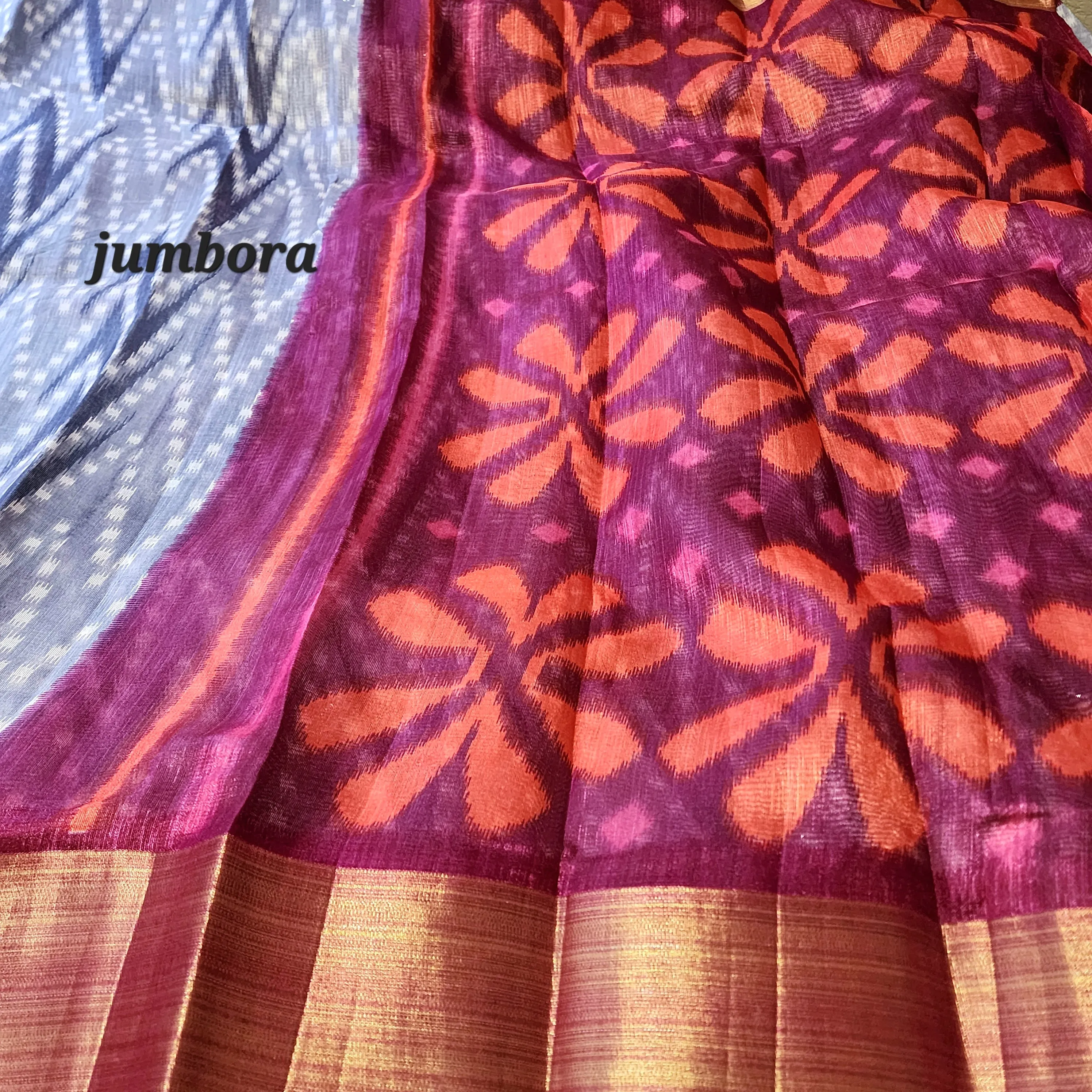 Grey & Burgandy Ikkat Soft Jute Cotton Silk Saree with Stitched Blouse