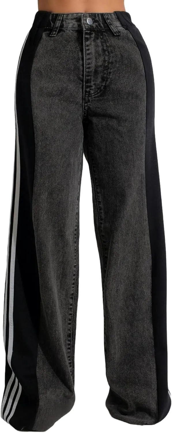 High-Waisted Denim Wide-Leg Jeans, Striped Side Panel Design, Stretch Bootcut, Light Blue