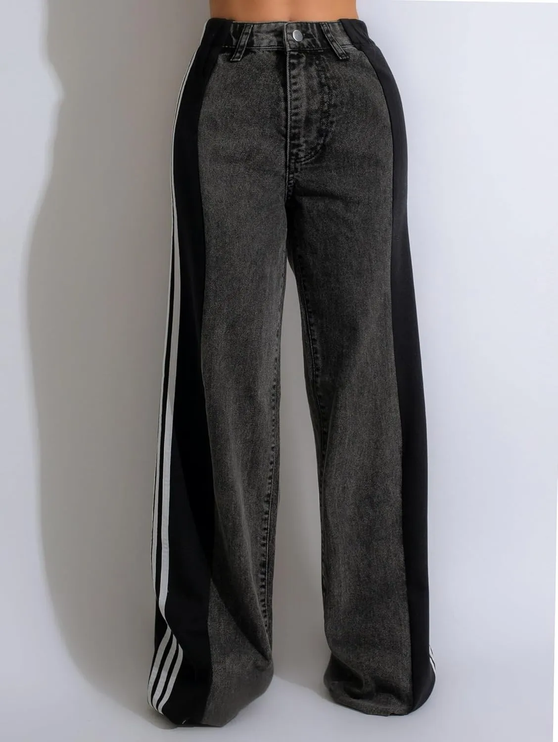 High-Waisted Denim Wide-Leg Jeans, Striped Side Panel Design, Stretch Bootcut, Light Blue