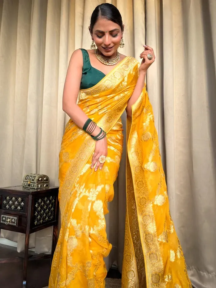 Imaginative Yellow Soft Silk Saree With Super classy Blouse Piece