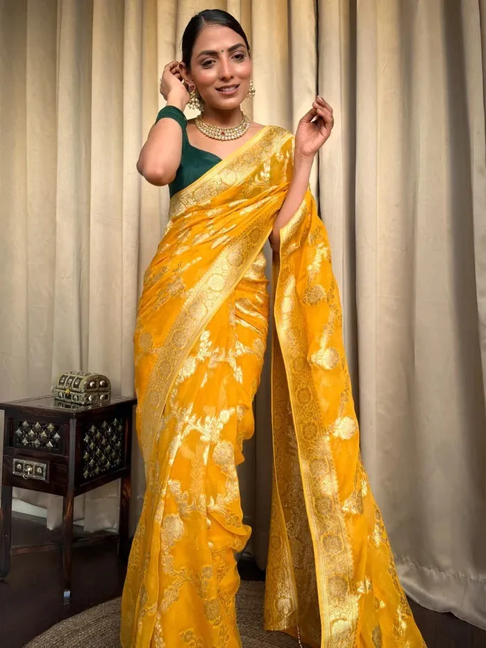 Imaginative Yellow Soft Silk Saree With Super classy Blouse Piece