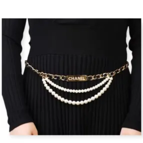 Letter C Inspired Pearl & Faux Leather Chain Belt