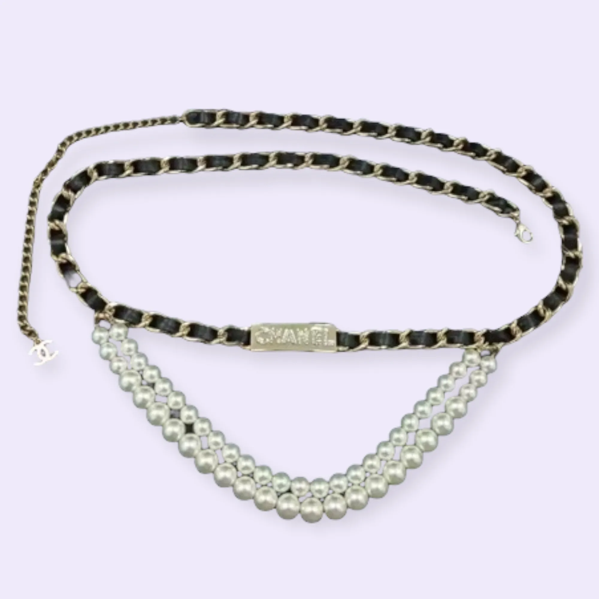 Letter C Inspired Pearl & Faux Leather Chain Belt