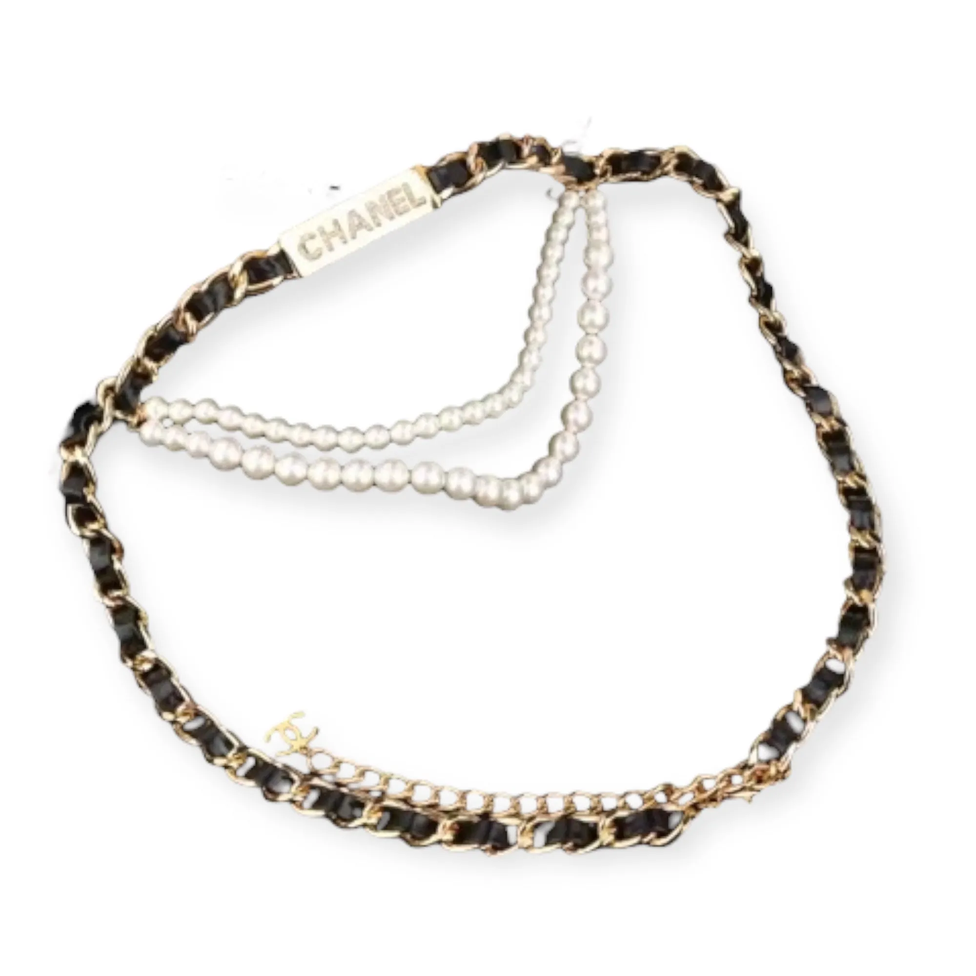 Letter C Inspired Pearl & Faux Leather Chain Belt