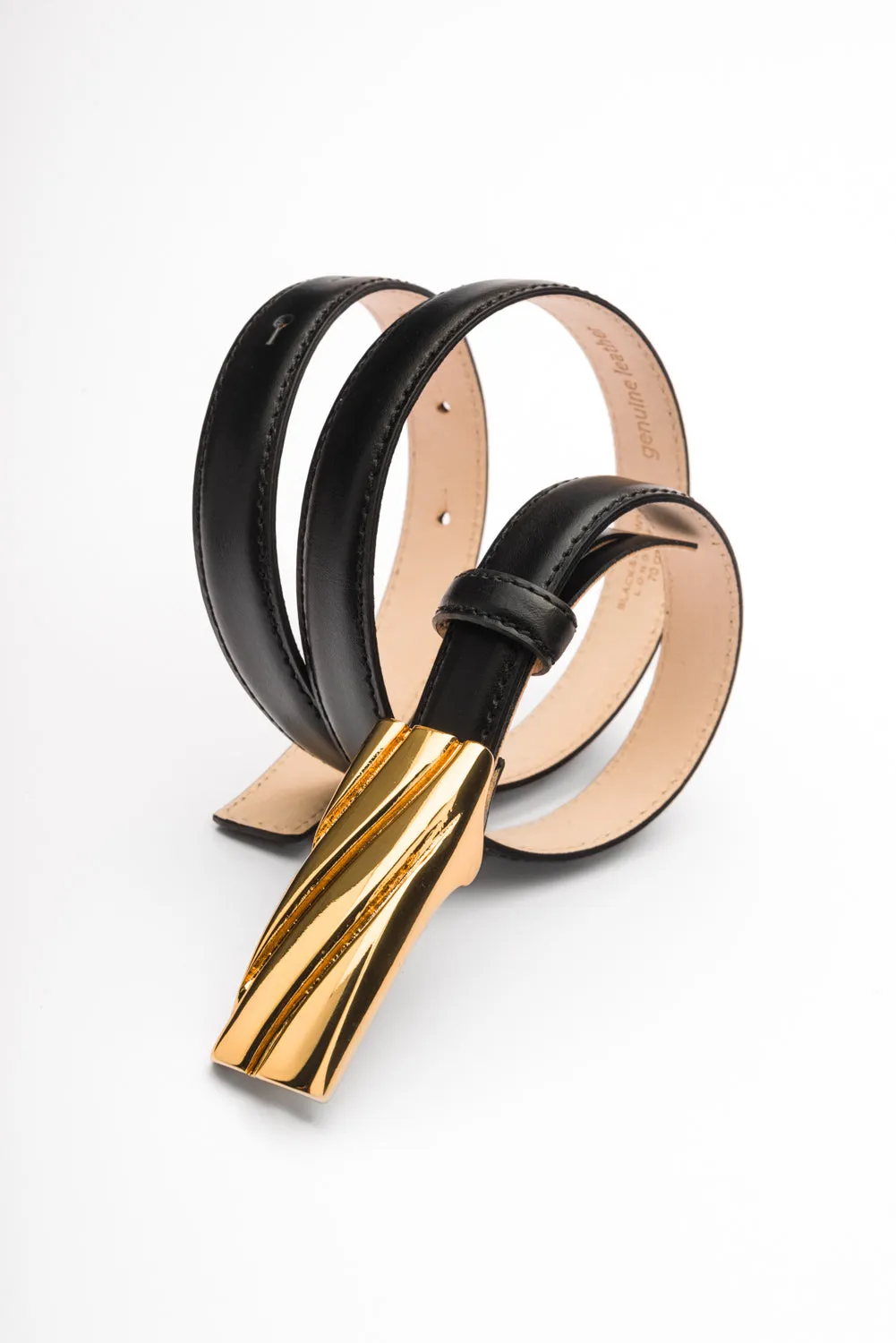 Lily gold embossed buckle black leather belt