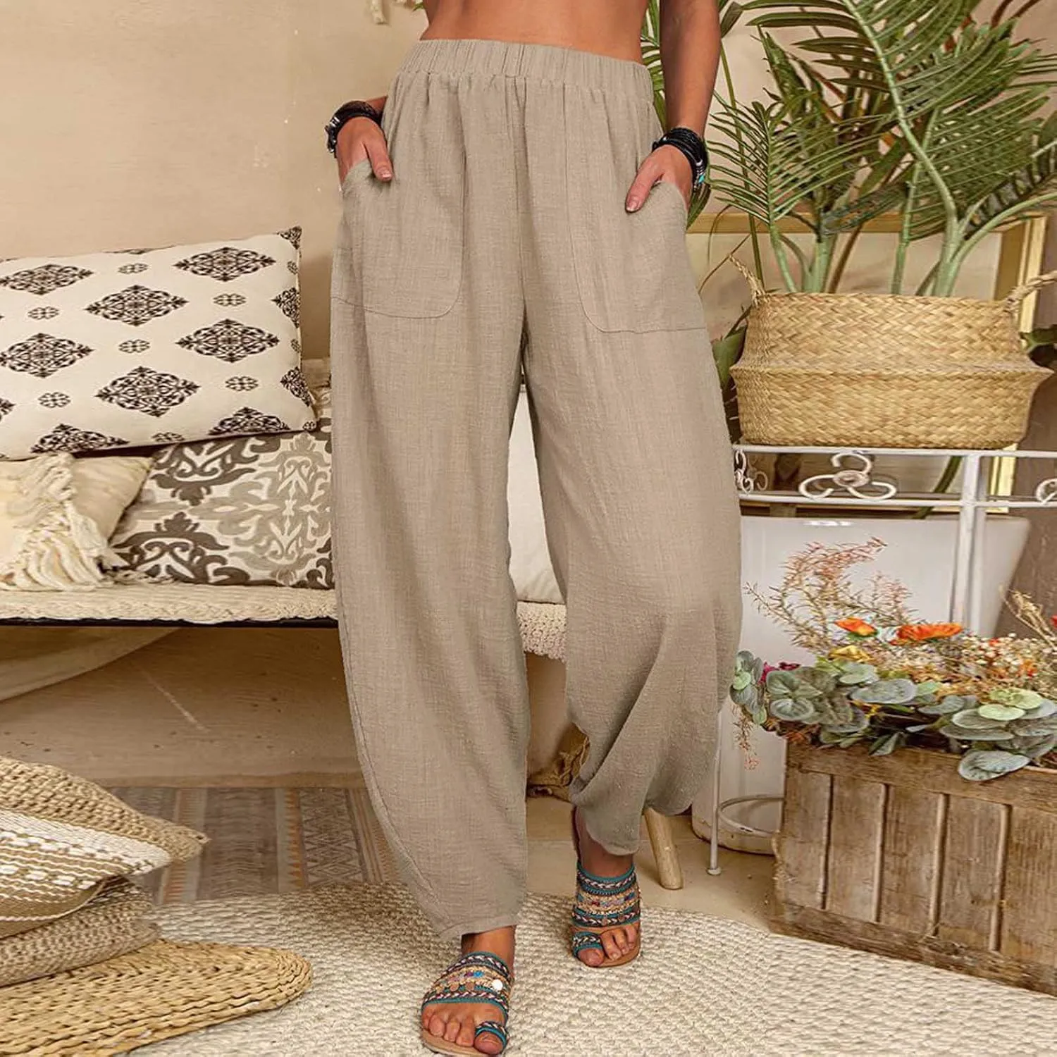 Linen Harem Pants for Women Summer Light Weight Quick Dry Pants Loose Wide Leg Trousers Pocket Elastic Waist Pants