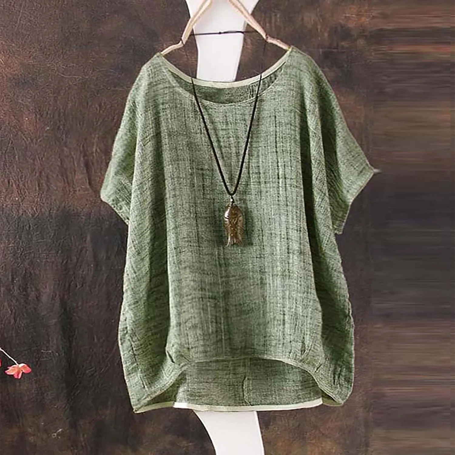 Linen Shirts for Women 2024 Fashion Plus Size Casual Short Sleeve Trendy Crewneck Tops Loose Fit Comfy Soft Blouses