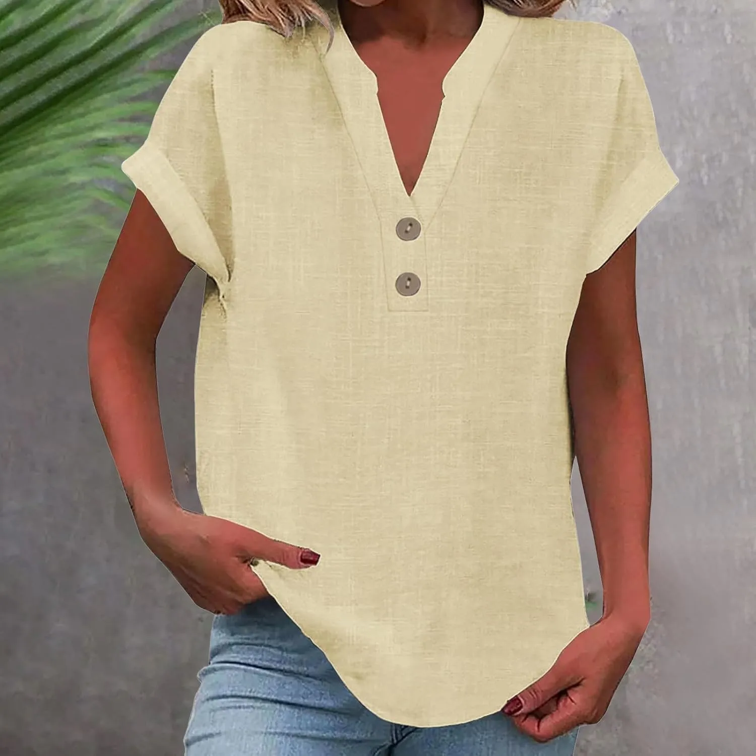 Linen Tops for Women Oversized Crew Neck Summer Short Sleeve Cotton Linen Tee Shirts Button Casual Soft Blouse