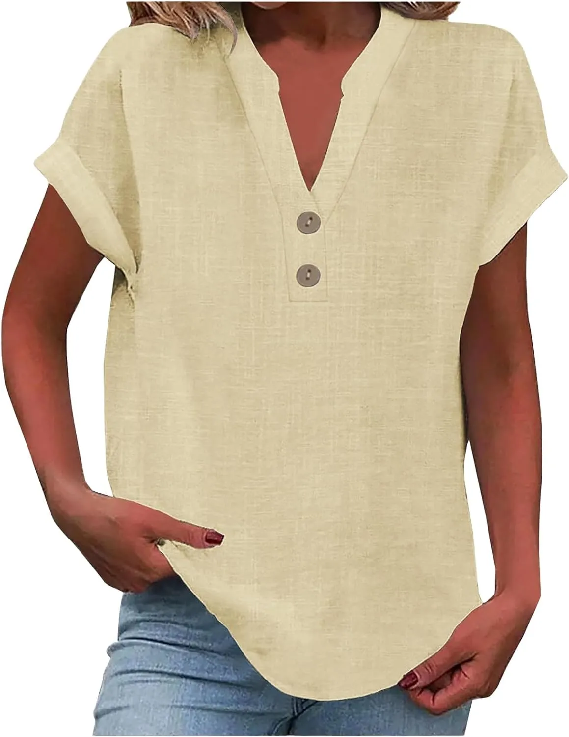 Linen Tops for Women Oversized Crew Neck Summer Short Sleeve Cotton Linen Tee Shirts Button Casual Soft Blouse