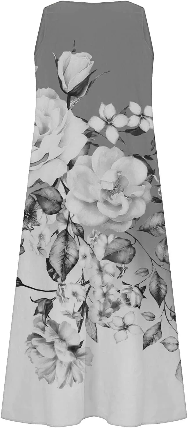 Long Summer Dresses for Women Women's Summer Cotton and Round Neck Sleeveless Pocket Retro Floral Breathable Dress