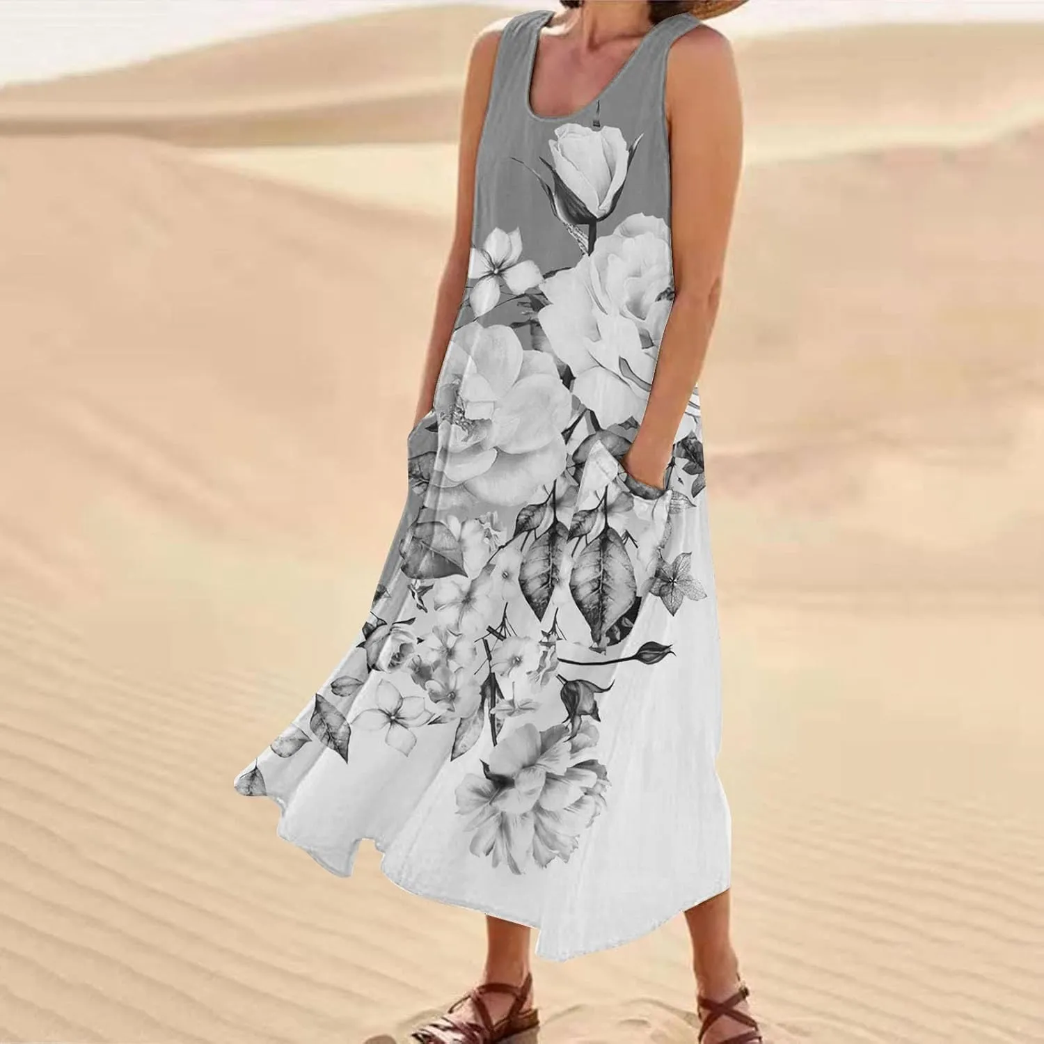 Long Summer Dresses for Women Women's Summer Cotton and Round Neck Sleeveless Pocket Retro Floral Breathable Dress