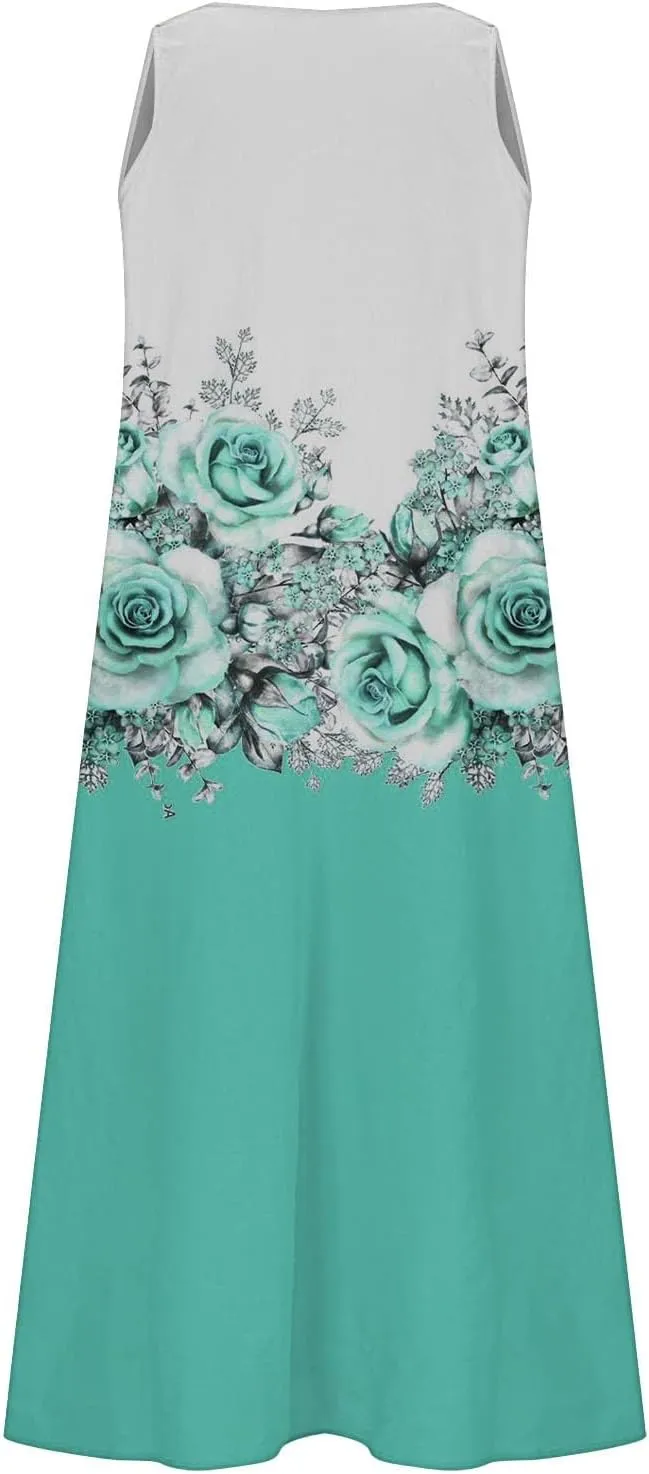Long Summer Dresses for Women Women's Summer Cotton and Round Neck Sleeveless Pocket Retro Floral Breathable Dress
