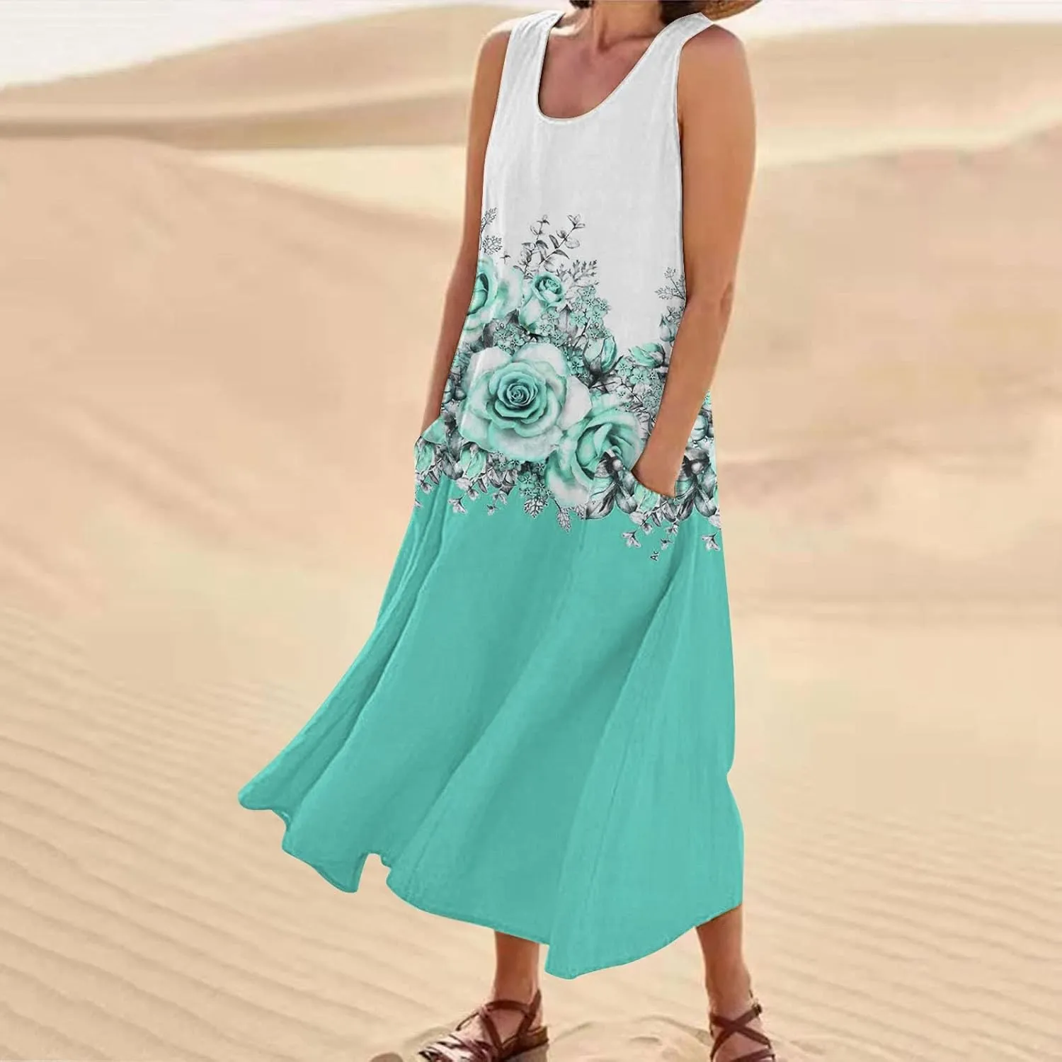 Long Summer Dresses for Women Women's Summer Cotton and Round Neck Sleeveless Pocket Retro Floral Breathable Dress
