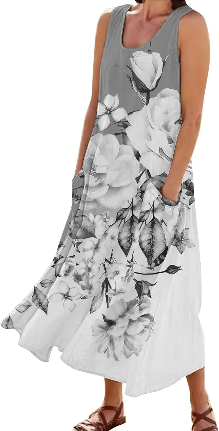 Long Summer Dresses for Women Women's Summer Cotton and Round Neck Sleeveless Pocket Retro Floral Breathable Dress