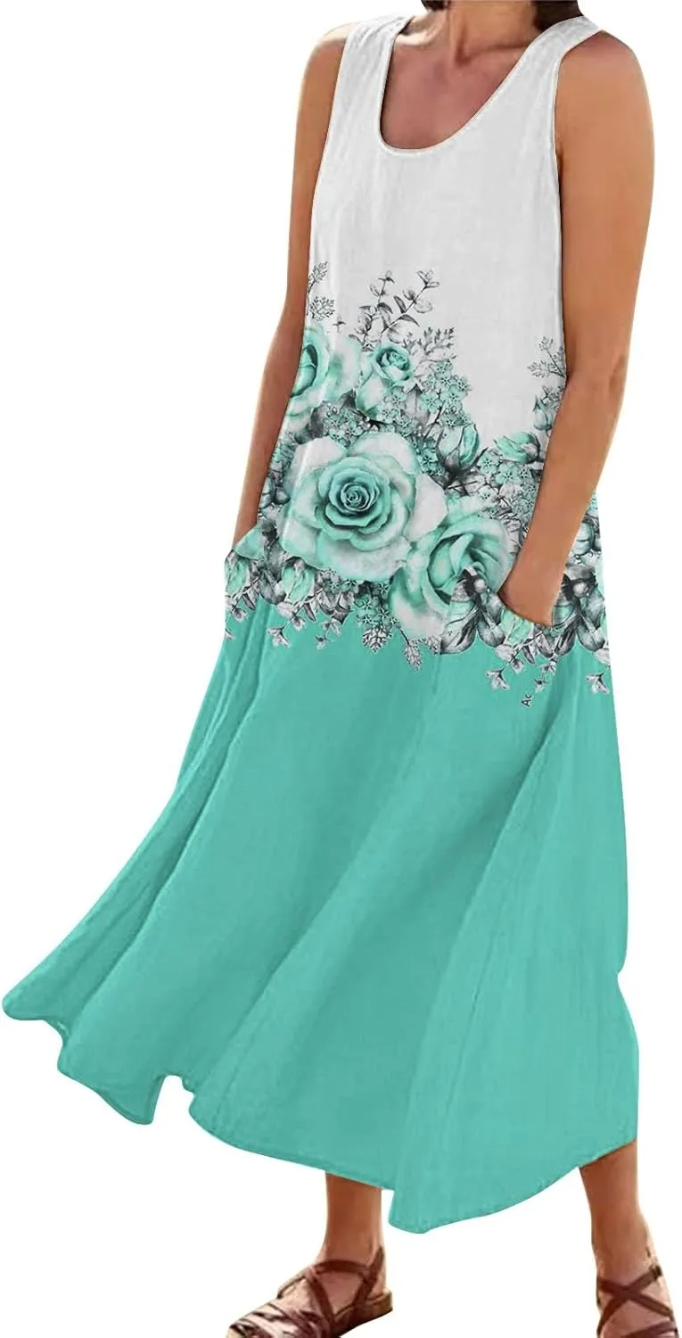 Long Summer Dresses for Women Women's Summer Cotton and Round Neck Sleeveless Pocket Retro Floral Breathable Dress