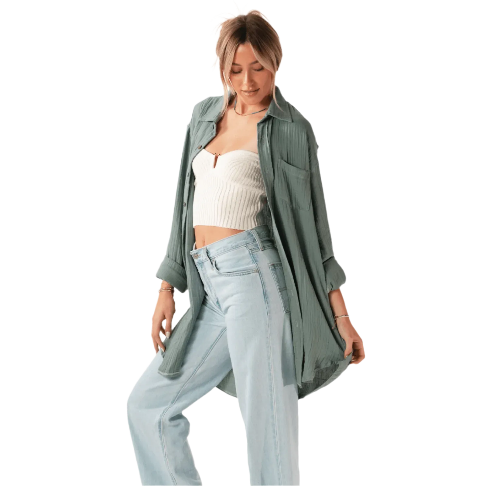 Lotus and Luna Button Up Boyfriend Shirt - Sage