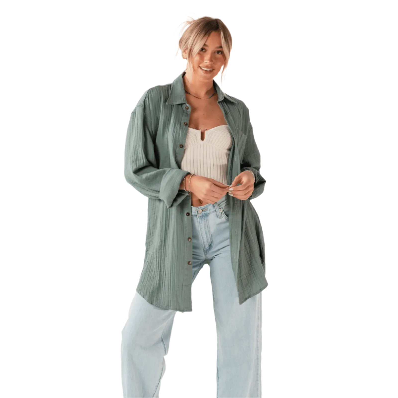 Lotus and Luna Button Up Boyfriend Shirt - Sage