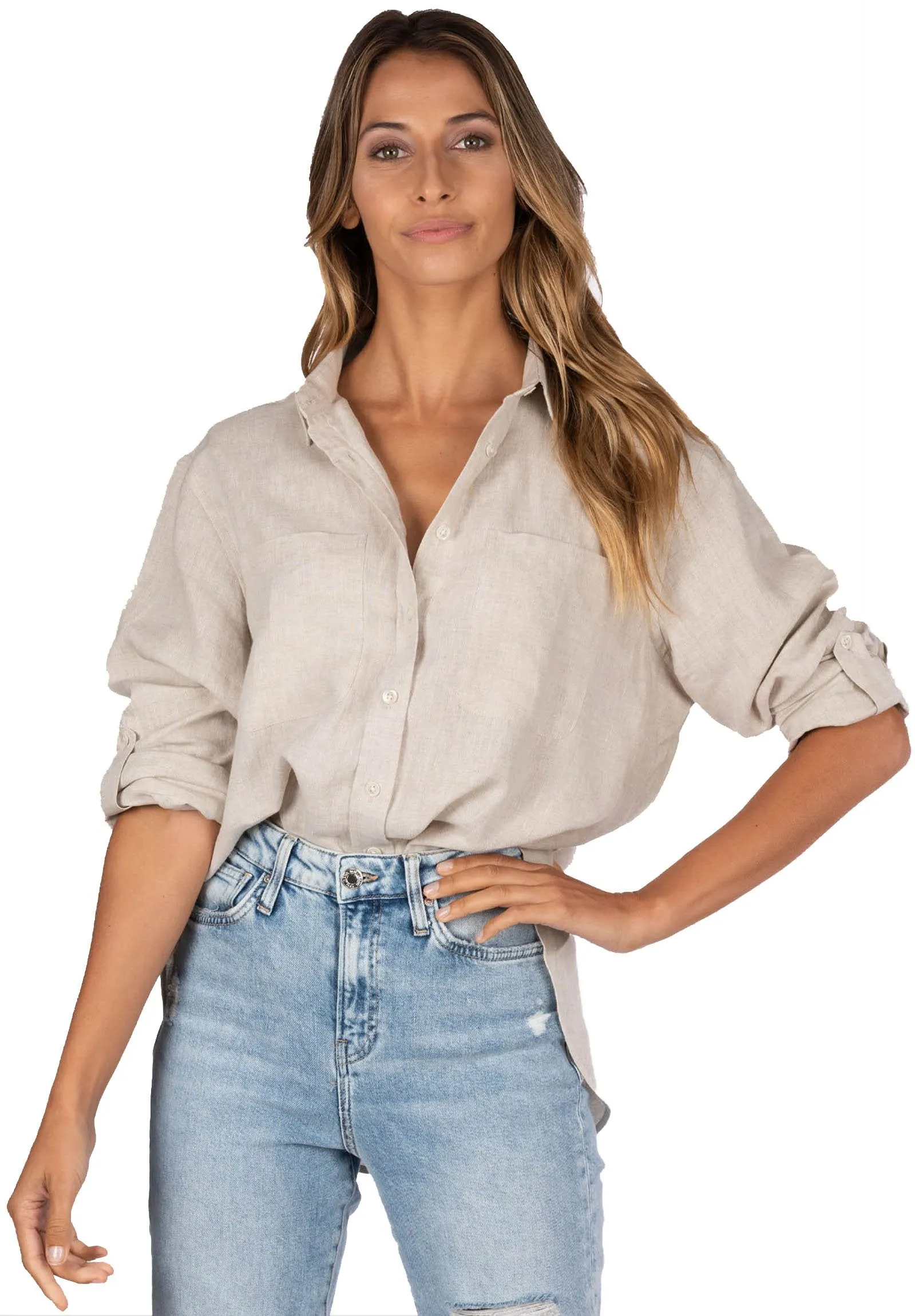 Luna Oat Oversized Linen Shirt with Pockets