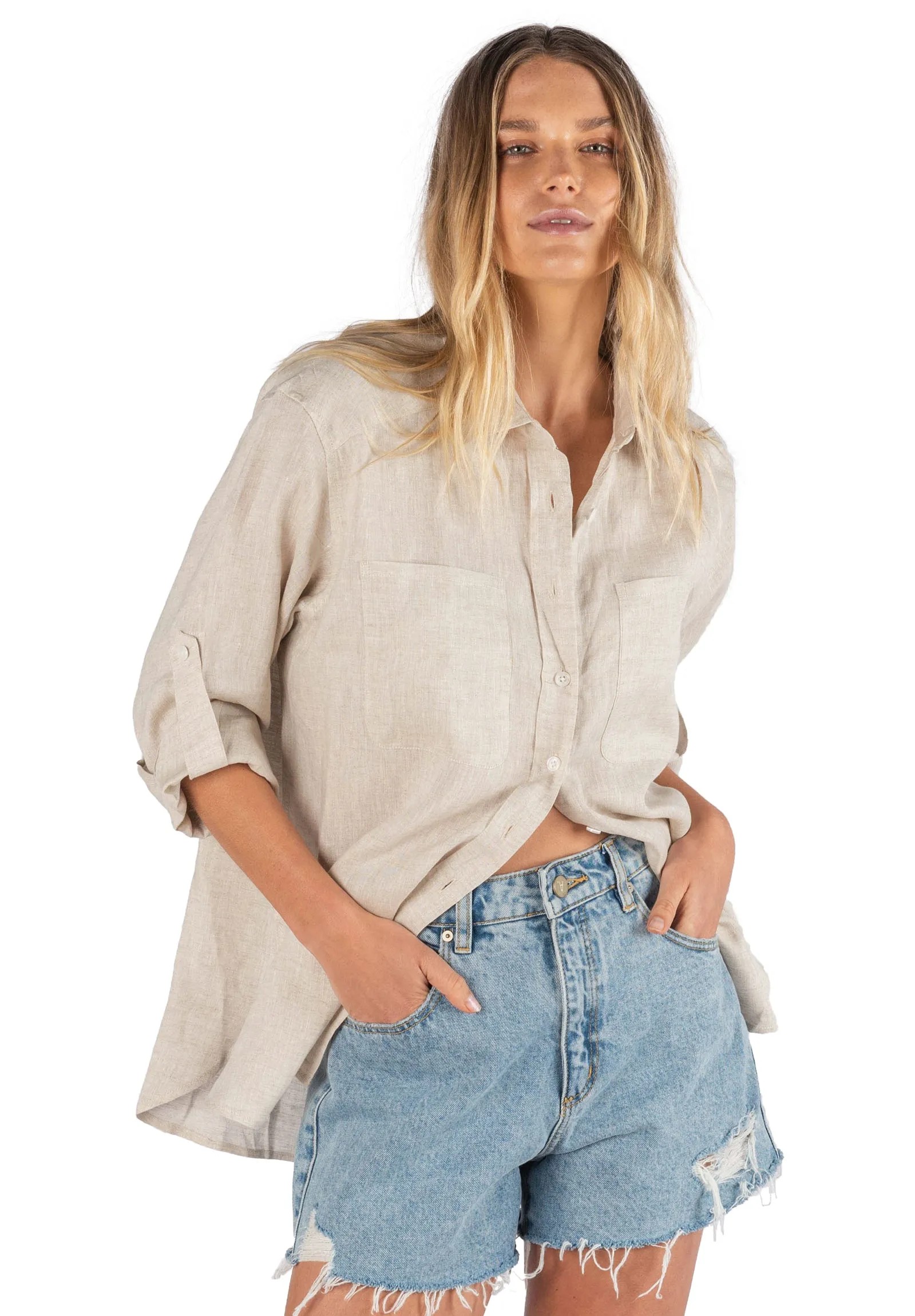 Luna Oat Oversized Linen Shirt with Pockets
