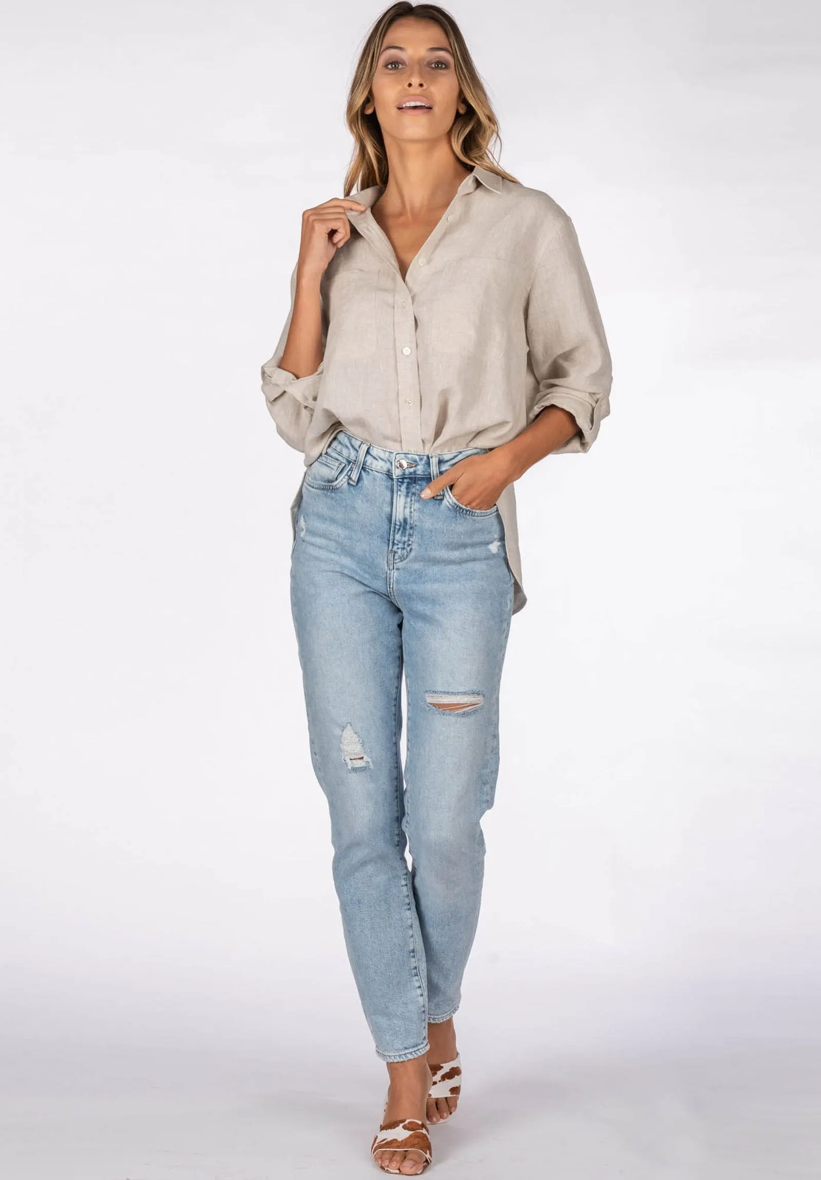 Luna Oat Oversized Linen Shirt with Pockets