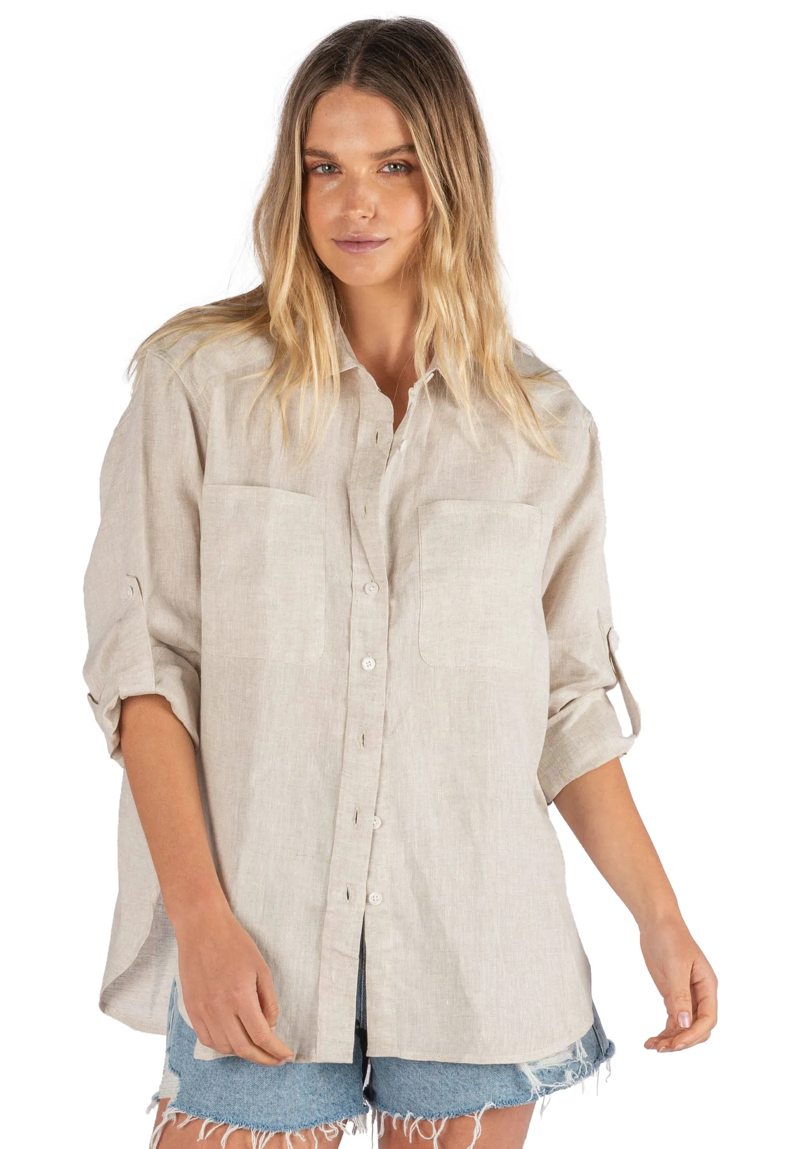 Luna Oat Oversized Linen Shirt with Pockets