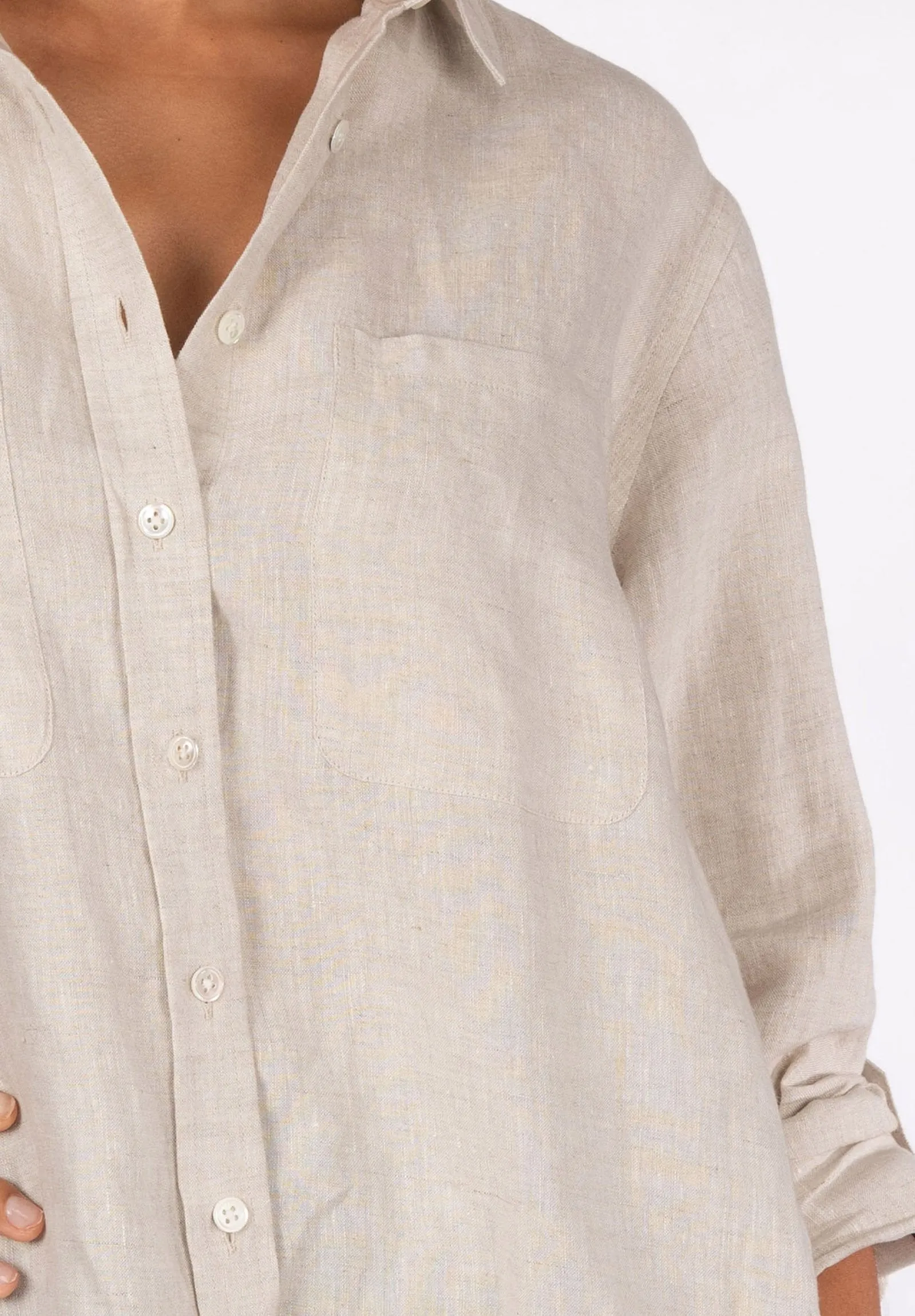 Luna Oat Oversized Linen Shirt with Pockets
