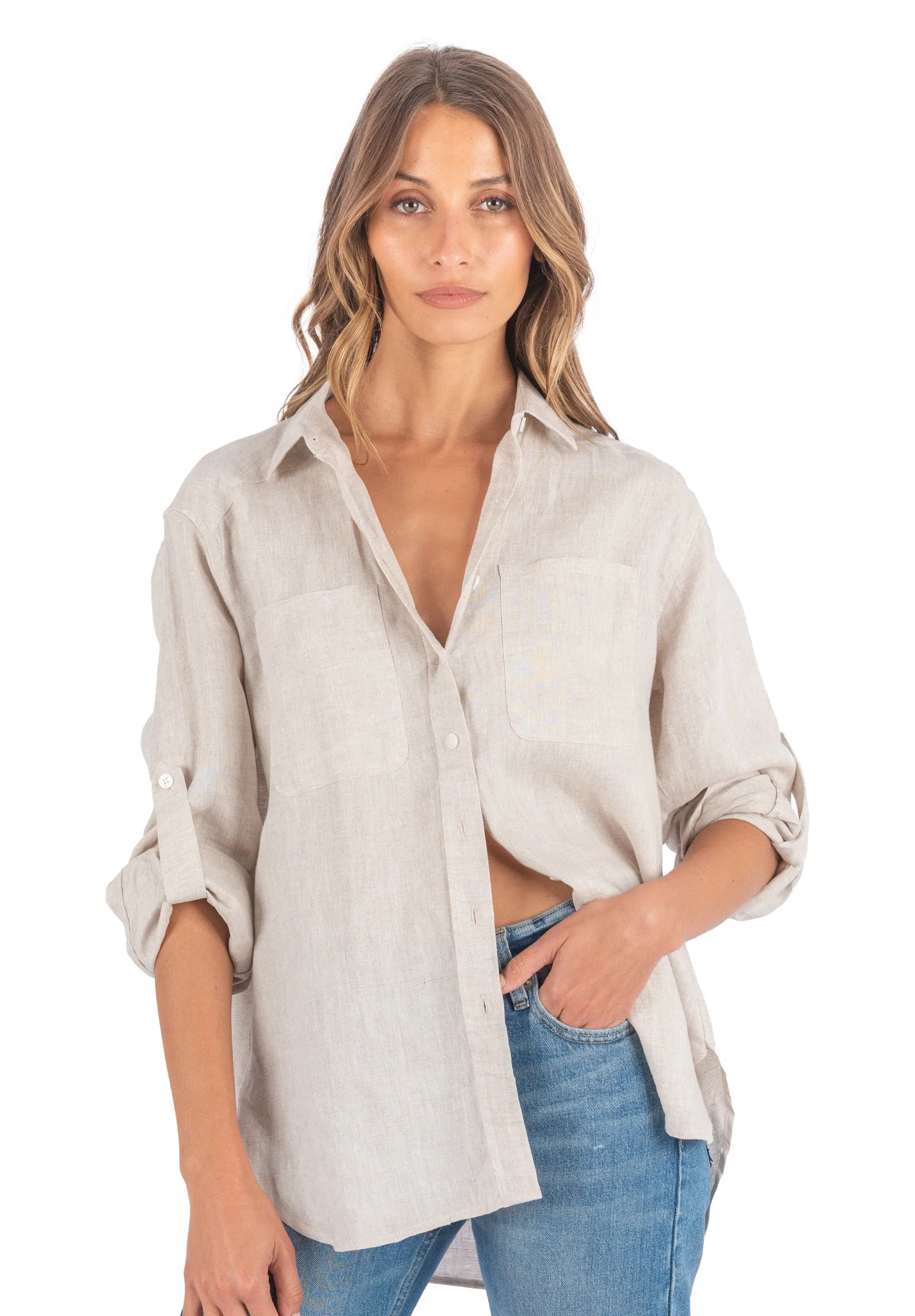 Luna Oat Oversized Linen Shirt with Pockets