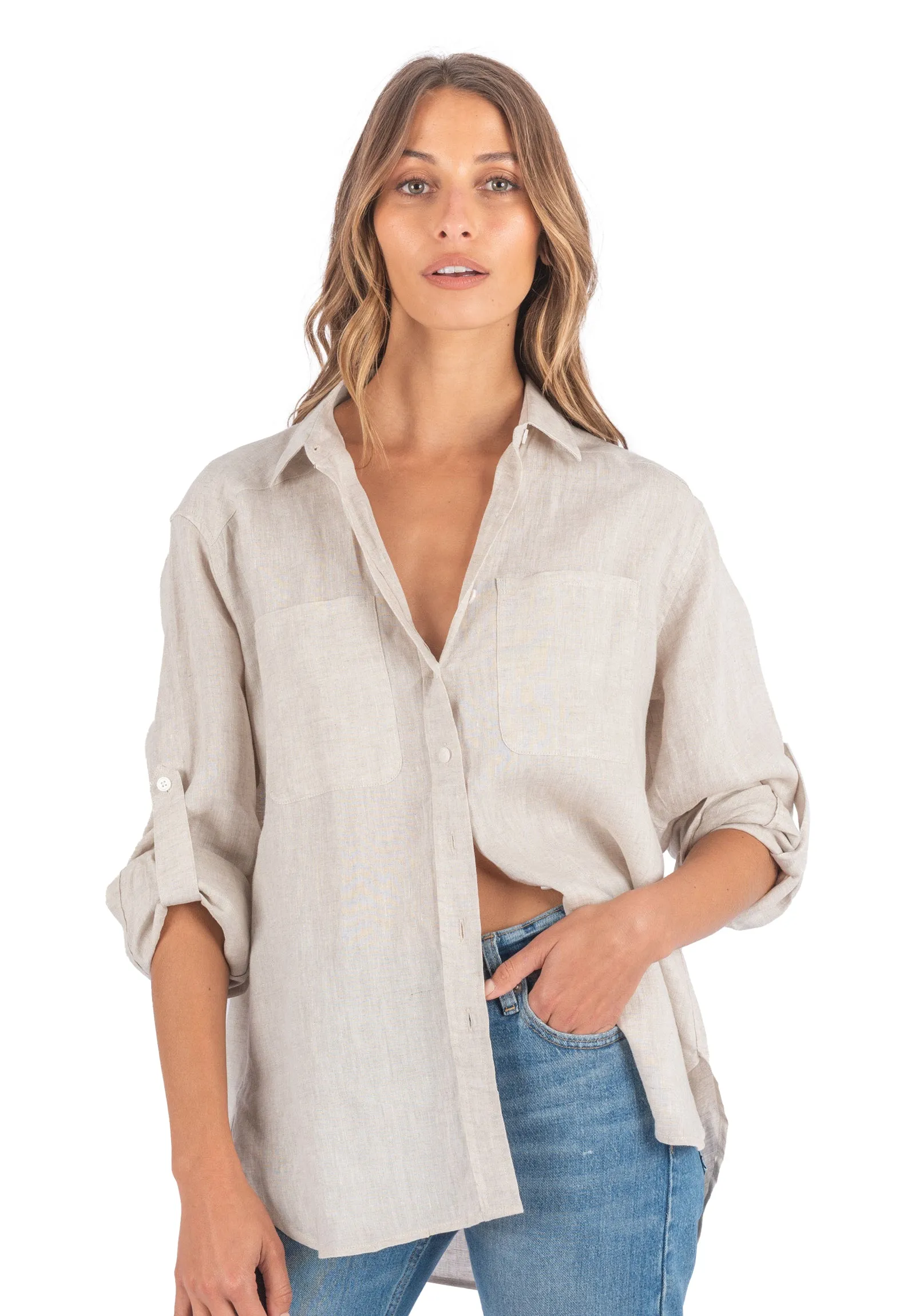 Luna Oat Oversized Linen Shirt with Pockets